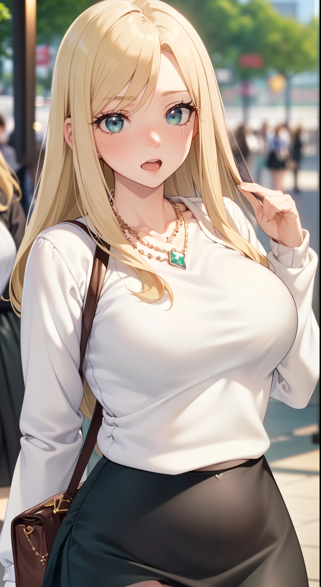 ((masterpiece, best quality, high resolution, ultra high definition, RTX, pixel perfect, depth of field, 4K, Extremely detailed))), 1 girl, single, alone, beautiful anime girl, beautiful art style, anime characters, ((long hair, parted bangs, The middle part has hair bangs, blonde hair)), ((green eyes:1.4, round eyes, beautiful eyelashes, realistic eyes)), ((Detailed face, blush:1.2)), ((smooth texture:0.75, lifelike质感:0.65, lifelike:1.1, Anime CG style, Vibrant colors)), ((medium breasts, split:0.9, plump)), dynamic angle, Perfect body, ((Throw, dynamic poses, close up, looking at the audience)), ((white sweater, long sleeves, black skirt, fashionable, single handbag, 1 diamond necklace)), open mouth, Awkward, amusement park