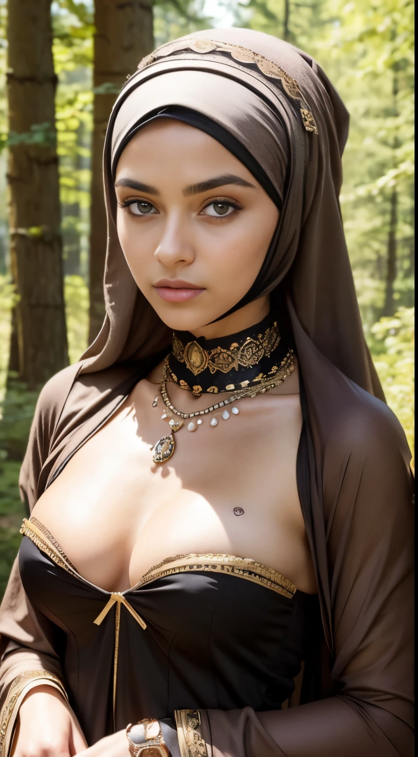 underboob,RAW, Best quality, high resolution, masterpiece: 1.3), beautiful  swedish teen in hijab,Masterpiece, perfect slim fit body, Huge breast,big gorgeous eyes, Soft smile,a close up of a woman, wearing beautiful clothes, beautiful design, hijab, rustic, very beautiful elegan style, beautiful masterpiece, fine details, wearing gorgeous clothing, choker , necklace, hairband, forest, lighting, Bright colors, Clean lines