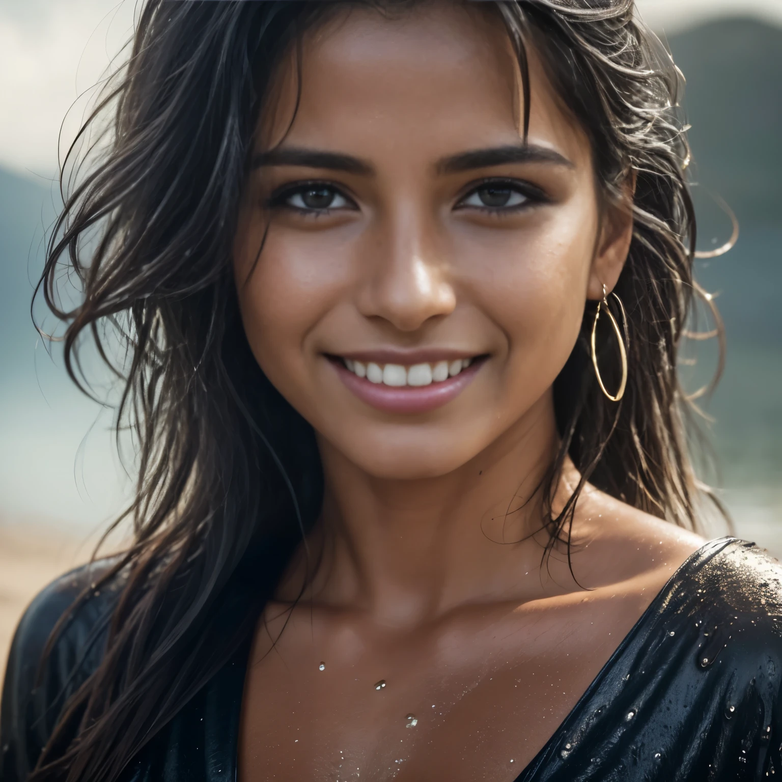 Isabela Merced, portrait photo, close-up of face, wet hair, smiling seductively, (skin texture:1.1), (high detail face:1.1),high detail body, high detail clothes, (masterpiece), (realistic), ultra high definition, 4k, ultra high resolution, film grain, cinematic lighting, rim lighting, photo by Mark Mann, RAW image
