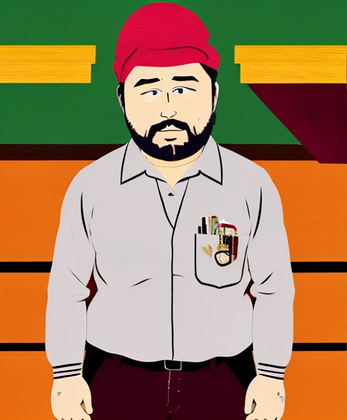 Dr Mephesto on Diner, 59 old Fat Man, Bandana with Gray Brown Straw Hat, Long sleeve Hawaiian shirts, brown pants, black boots, By Trey Parker and Matt Stone, Artist By Jean-Pierre Meixiu and Pyo Rogan 