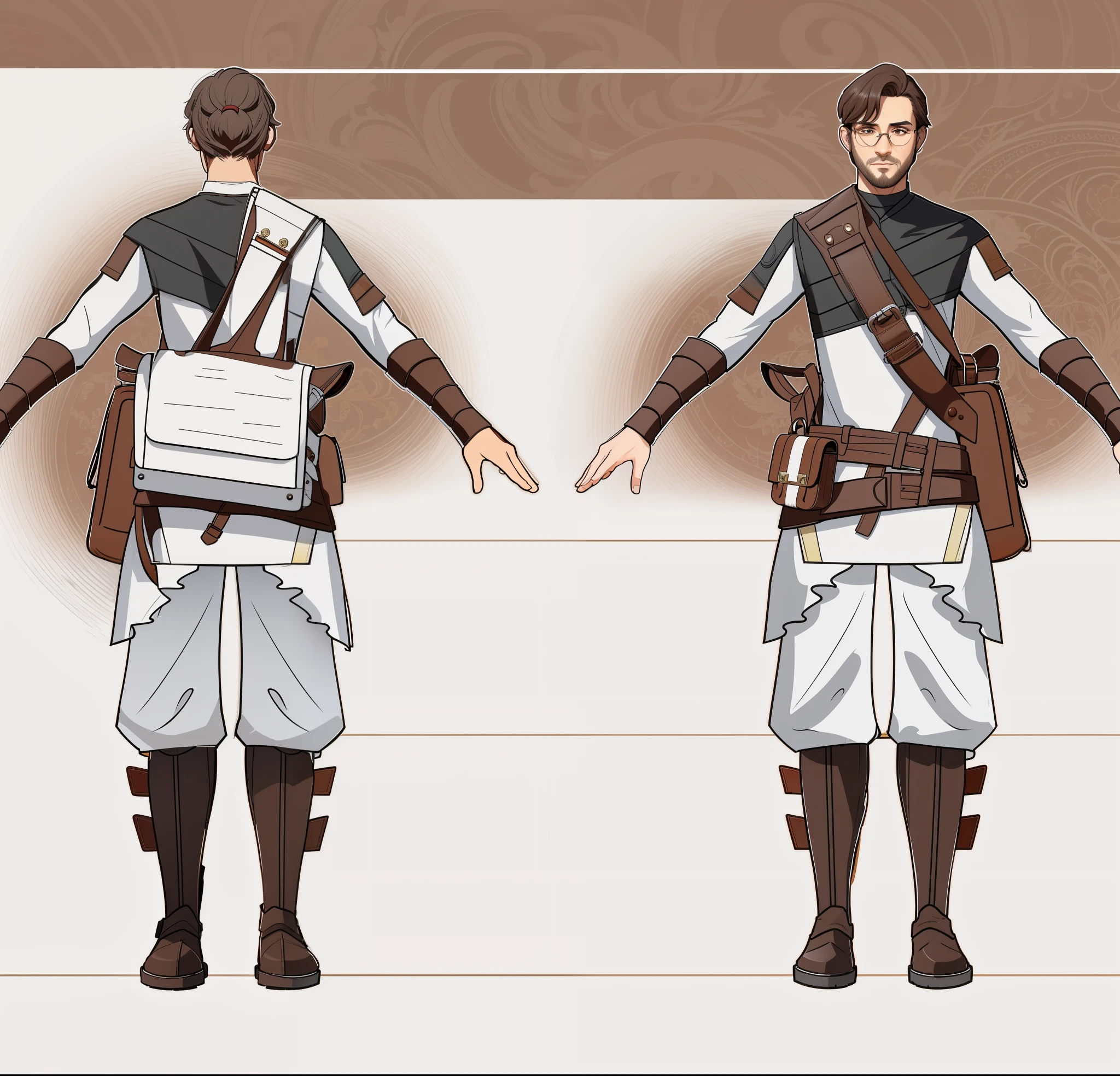 (masterpiece:1.1),(highest quality:1.1),(HDR:1),a close up of a man with a medieval fantasy bag and a backpack, full body character concept, full body concept, detailed full body concept art, concept shirt, detailed full body concept, full body concept art, philosopher medieval style character, game character design, concept character, full body character concept art, 3 d character reference sheet, male, video game character concept, detailed character design, character sheet, character model sheet turnaround , front and back, front and back, medieval philosopher wearing black and white shirt with leather bag full of paper, white and black costume, ( red pants ), philosopher glasses, ( brown leather boots ), waist leather bag, grey clean background