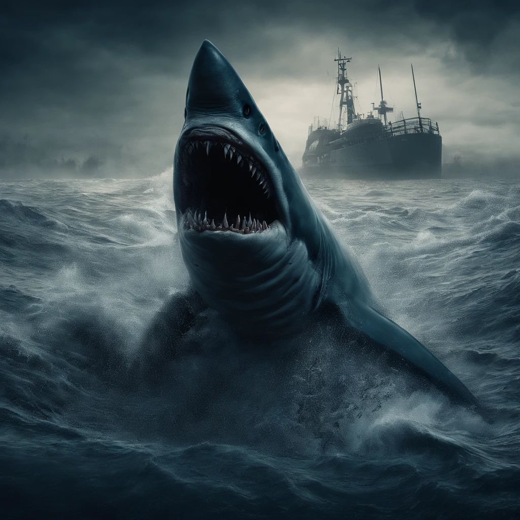 best quality, 32k, RAW photo, incredibly absurdres, extremely detailed, Megalodon rises to the surface with its big mouth open from the ocean floor, delicate, flashy and dynamic depiction, deep blue