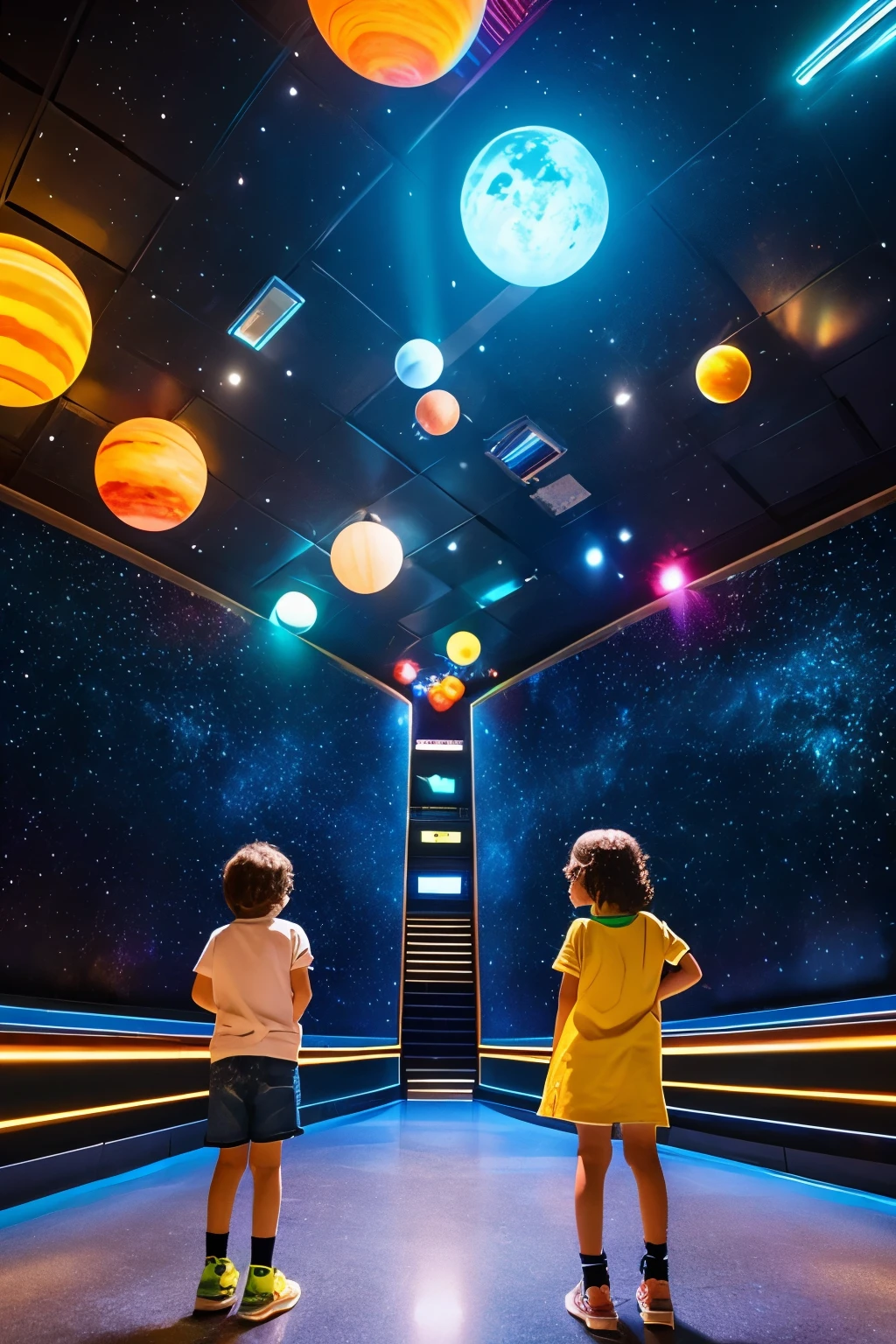 Children travel through the interstellar maze in the huge museum，Colorful planets and interstellar tunnels create a fantasy adventure atmosphere