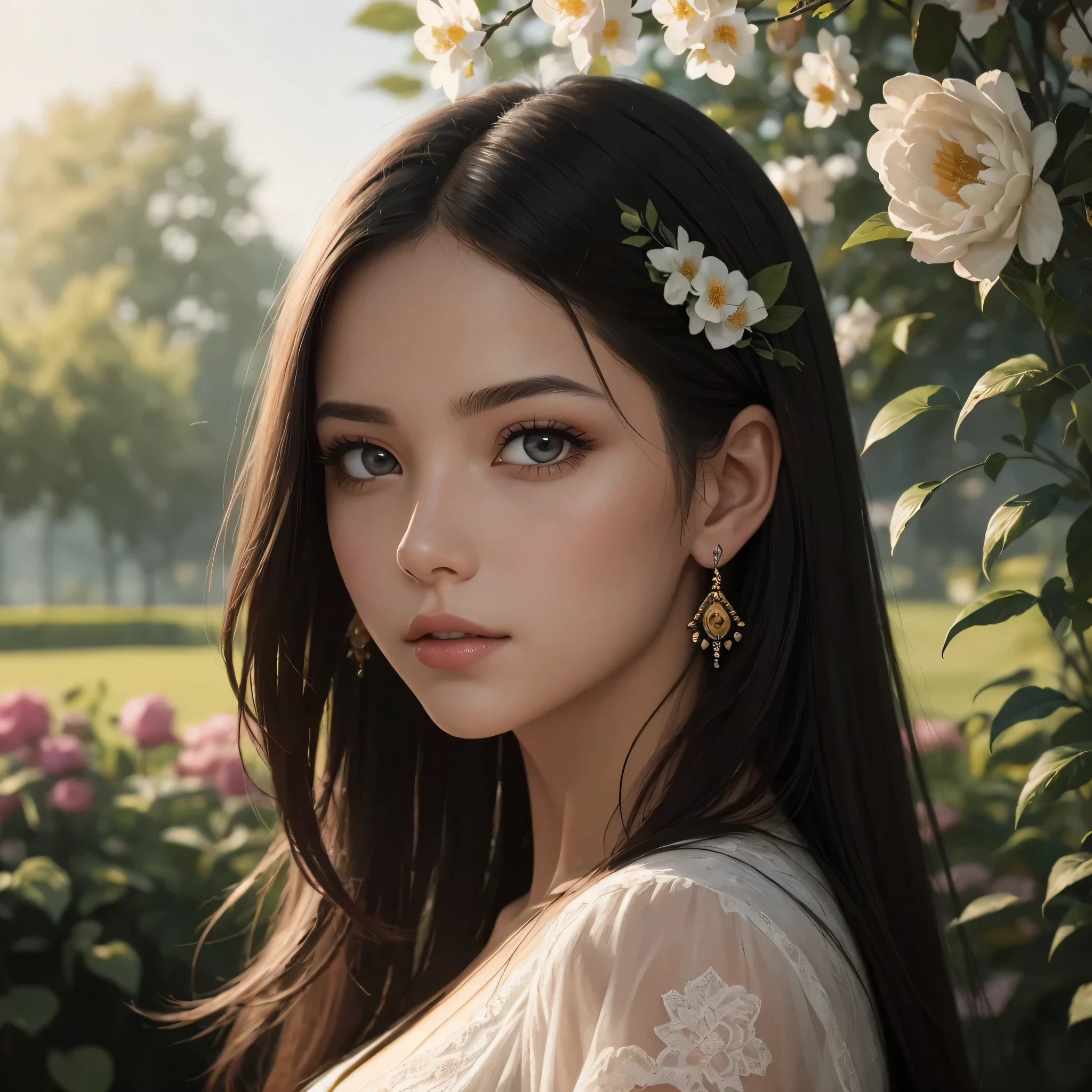 A beautiful girl in a stunning masterpiece with the highest image quality. She has strikingly realistic features, including detailed eyes with long eyelashes and beautiful lips. The artwork is created using top-notch materials and techniques, such as oil painting or professional photography. The girl is portrayed in a vivid and photorealistic style, with ultra-detailed rendering that captures every fine detail of her face and expression. The colors and lighting are carefully crafted to enhance the overall atmosphere of the artwork. The scene may take place in a garden, where the girl is surrounded by blooming flowers and lush greenery, creating a harmonious and serene ambiance. The focus and sharpness of the image are impeccable, providing a clear and visually stunning depiction. The high resolution and fine art quality of the painting ensure that every brushstroke and detail is captured with utmost precision, making it a true masterpiece of art.