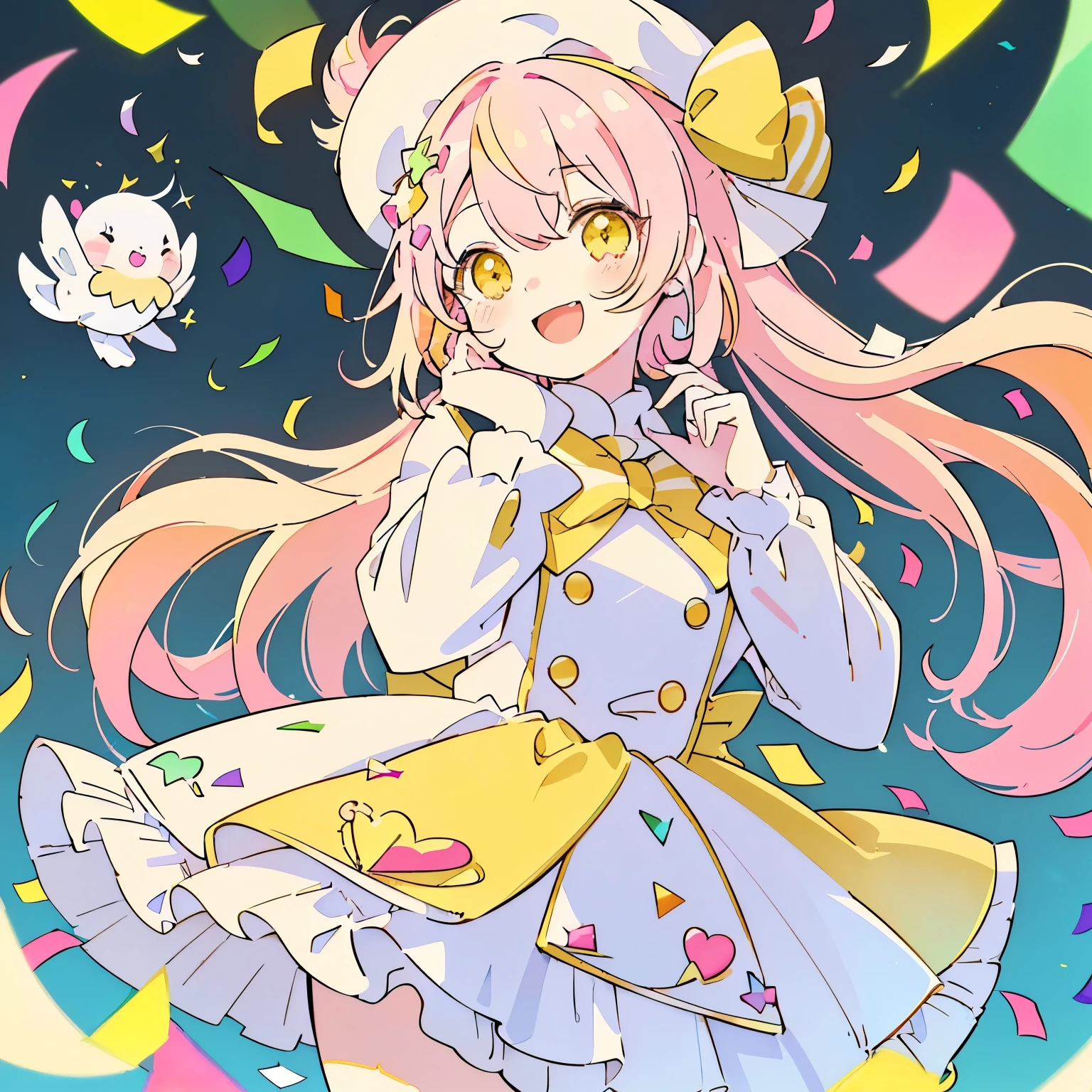 (Chibi:1.15),girl,blush,(Marble colored hair of white, pink, yellow green and yellow:1.35),(Smooth long hair:1.2),(hat:1.3),(A big smile:1.35),(orange heart-like eyes:1.3),(smiling with open mouth:1.25),(Colorful and gorgeous atmosphere like stained glass:1.25),(A costume with a fluffy and cute silhouette like an idol.:1.3),(An outfit inspired by school uniforms:1.25),(Cute pose with hand on side of face:1.3),(Burikko:1.3),(close up of face:1.2),(Brightness:1.35),(Gentle sunlight:1.25),(colored tape and confetti:1.25),(active movement:1.3),(Cute stuffed animals and sweets are flying around:1.3),(Colorful and cute POP atmosphere:1.2),