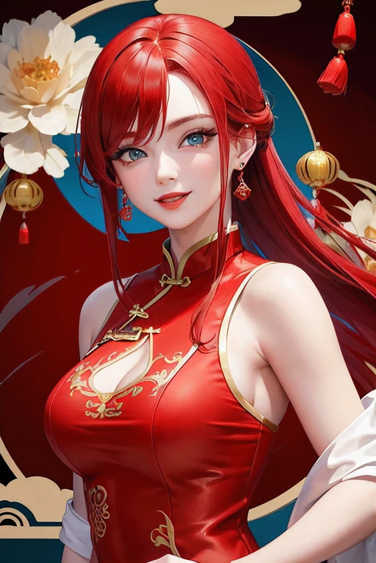 Red-haired woman, blue eyes, red lipstick, wearing a cheongsam, smile, The Chinese New Year background has a perfect face. Maximum resolution 8k, clear details A masterpiece is the ultimate art..
