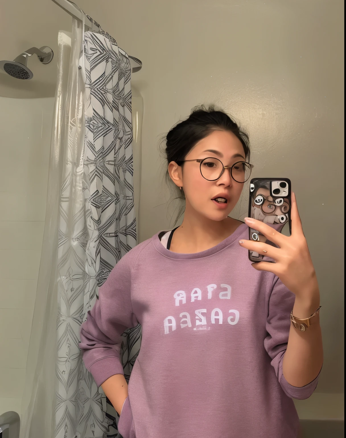 woman taking a selfie in a bathroom with a shower curtain, with glasses, outfit photo, wearing sweatshirt, wearing a fisher 🧥, wearing a purple sweatsuit, she wears harry potter glasses, with glasses on, casually dressed, wearing small round glasses, half asian, taken in the early 2020s, in style of petra collins, girl with glasses