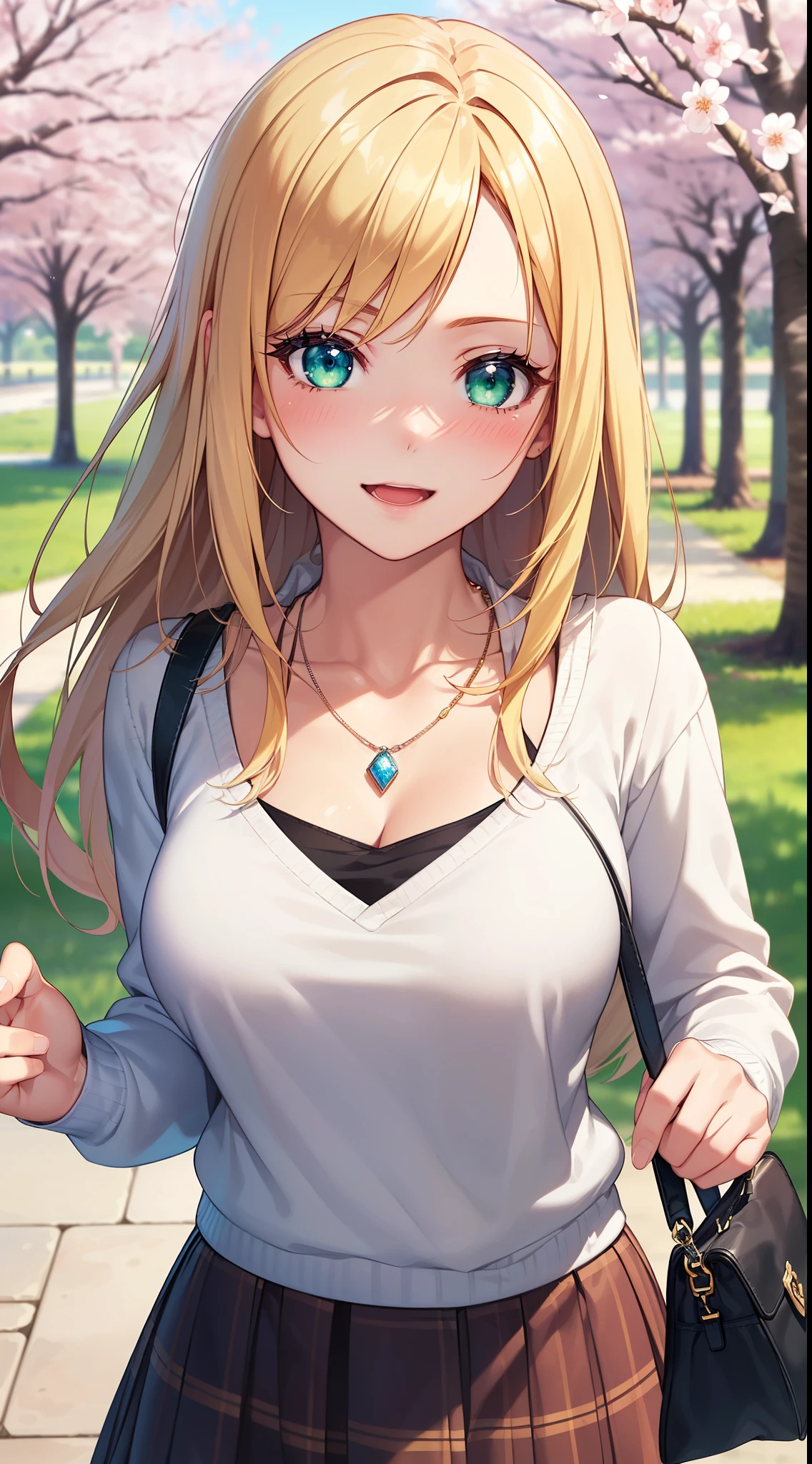 ((masterpiece, best quality, high resolution, ultra high definition, pixel perfect, depth of field, 4K, RTX, human development report))), 1 girl, single, alone, beautiful anime girl, beautiful art style, anime characters, ((long hair, Bangs, blonde hair)), ((green eyes:1.4, round eyes, beautiful eyelashes, realistic eyes)), ((Detailed face, blush:1.2)), ((smooth texture:0.75, lifelike质感:0.65, lifelike:1.1, Anime CG style)), ((medium breasts, split:1.1, plump)), dynamic angle, Perfect body, ((Throw, dynamic poses, portrait)), ((white sweater, long sleeves, black skirt, Plaid skirt, fashionable, 1 handbag, 1 diamond necklace)), Smile, open mouth, amusement park, ((Cherry tree, The cherry blossoms have fallen))