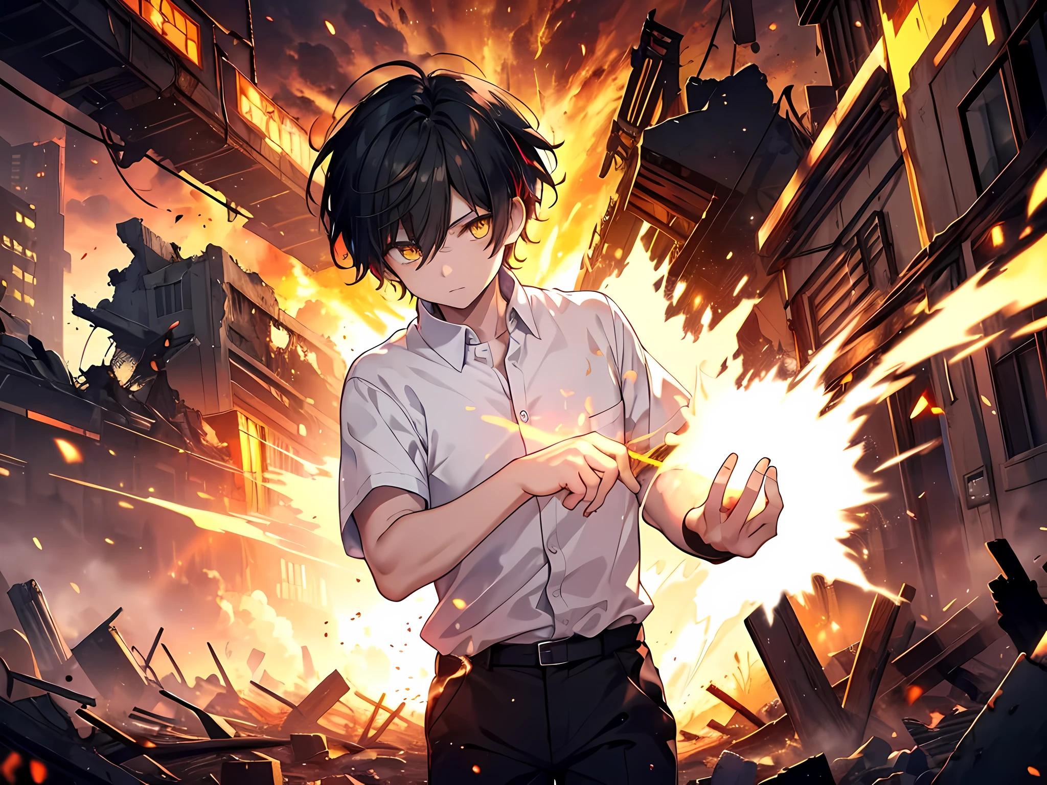 (1 boy) black short hair, yellow eyes, wearing white shirt, his hands is made out of iron and have fire on it, this character has red glowing aura on his eyes, demon lord aura, colorful glowing aura in the air, the background is on destroyed city with big explosion, glowing colorful aura covering his body
