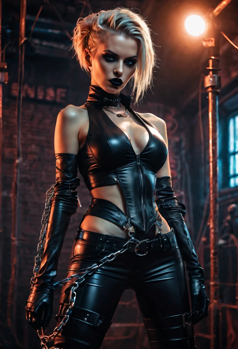 (sexy dominatrix, slim figure, gothic atmosphere:1.1),photo, realistic, (seductive cyberpunk dark fantasy:1.1), (bdsm fantasy:1.1),leather outfit,latex gloves,neck choker,crop,high boots,whip,dark and mysterious setting,chains,dungeon lighting,smoke effects,powerful and confident pose,gothic scheme,vivid and intense expressions,perfect lighting and shadows,ultra-detailed dominatrix outfit,provocative stance,electric neon lights,gritty and futuristic vibe,alluring cybernetic enhancements,edgy and bold hairstyle, blond hai,strong and dominant personality,erotic tension and allure,exquisite attention to every detail,immersive and captivating composition,striking and intense facial features,emphasized dark and seductive makeup,subtle but powerful body language,highly attractive and elegant appearance