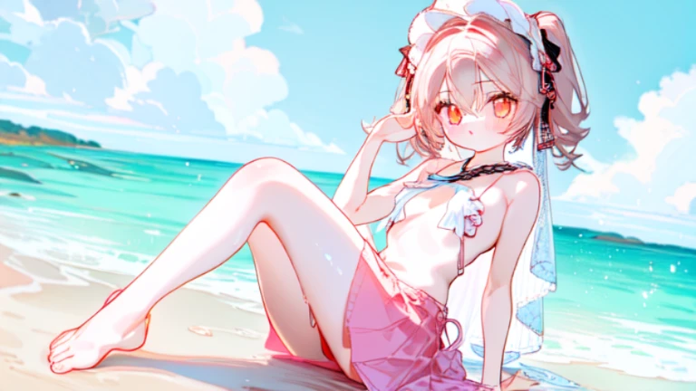 ta, Lovely, 1 girl, alone, whole body, beach,Pink skirt, ridiculous, white lace, high resolution, Super detailed, most detailed,nude,barefoot