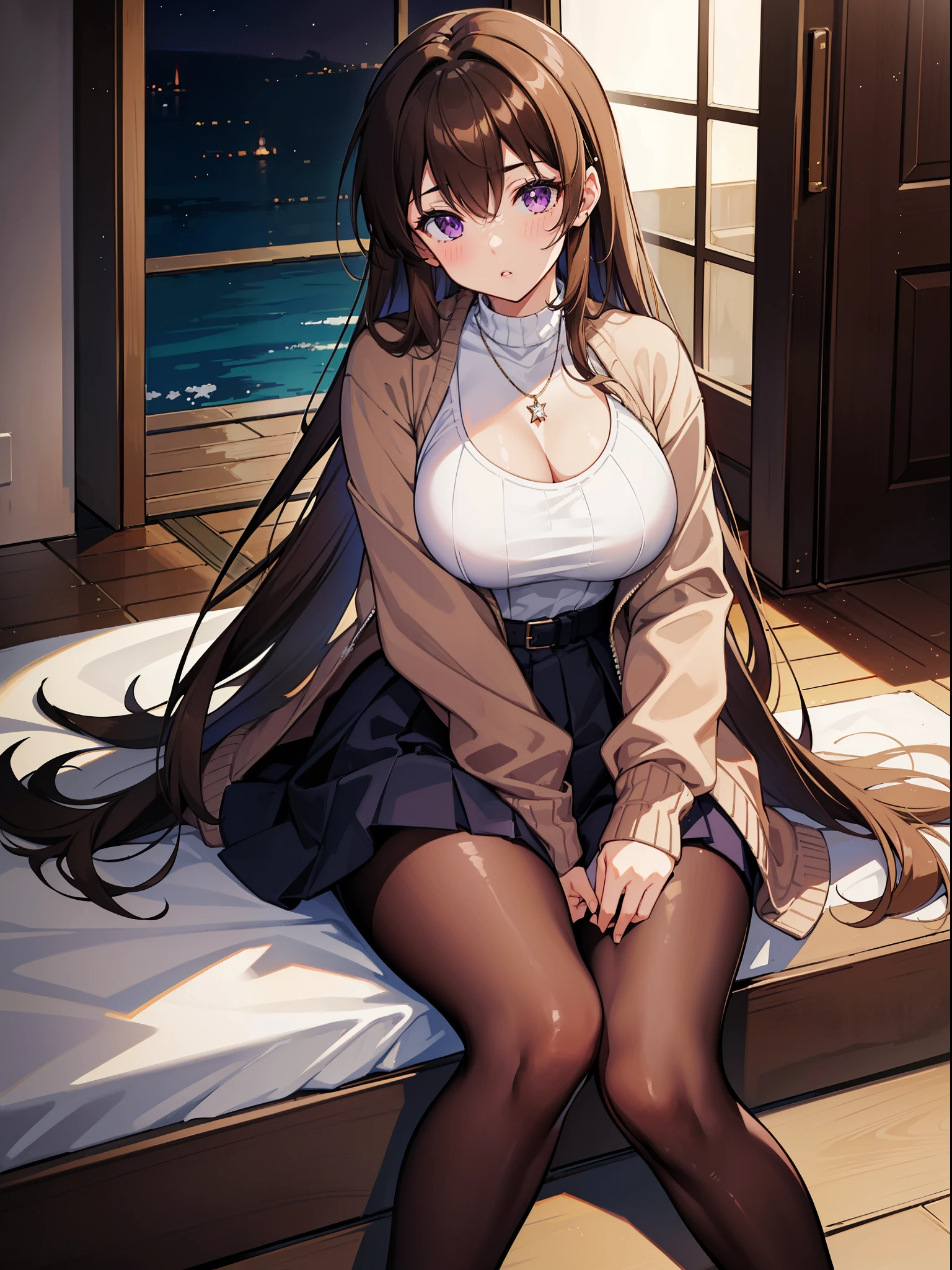 (((best quality))), 1 girl, brown hair, sweater, jacket, big breasts, purple eyes, long hair, Default skin, skirt, pantyhose, Japanese, necklace, sitting