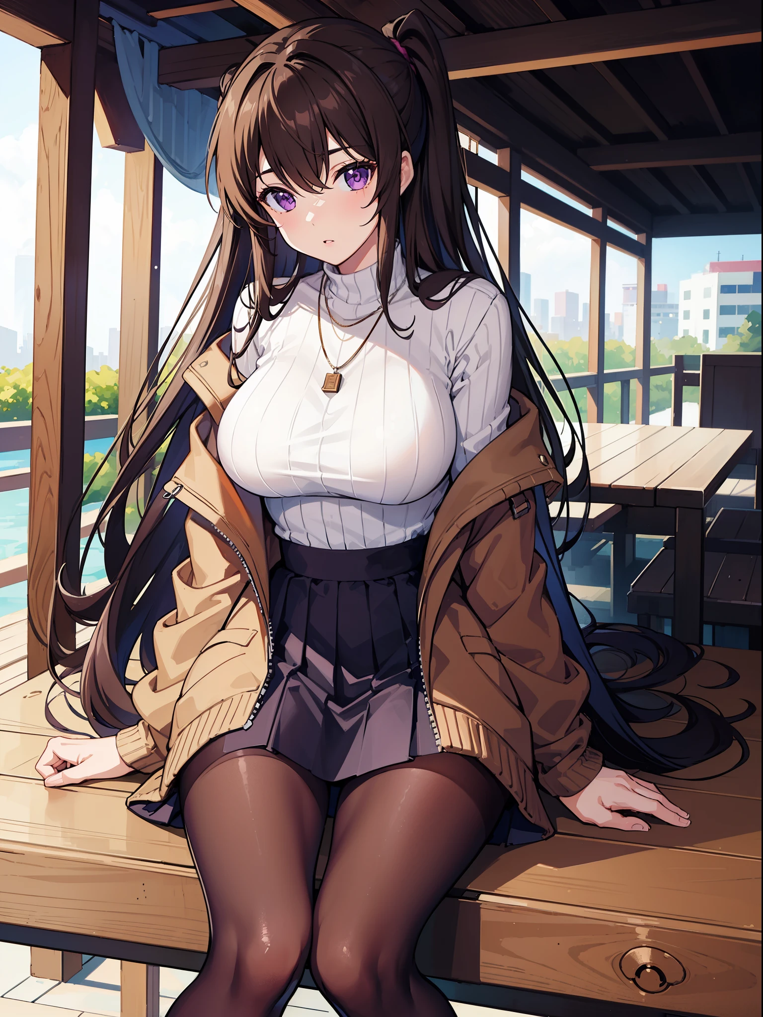 (((best quality))), 1 girl, brown hair, sweater, jacket, big breasts, purple eyes, long hair, Default skin, skirt, pantyhose, Japanese, necklace, sitting