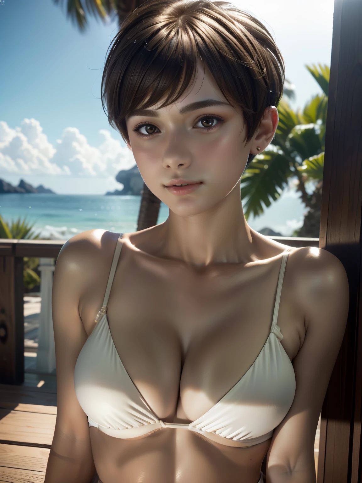 masterpiece, best quality, ultra detailed, 8k, photo realistic, 1girl, solo, tomboy, ultra detailed face, rim lighting, upper body, light brown pixie cut hair, (tiny breasts:1.5), wearing ivory latex bikini