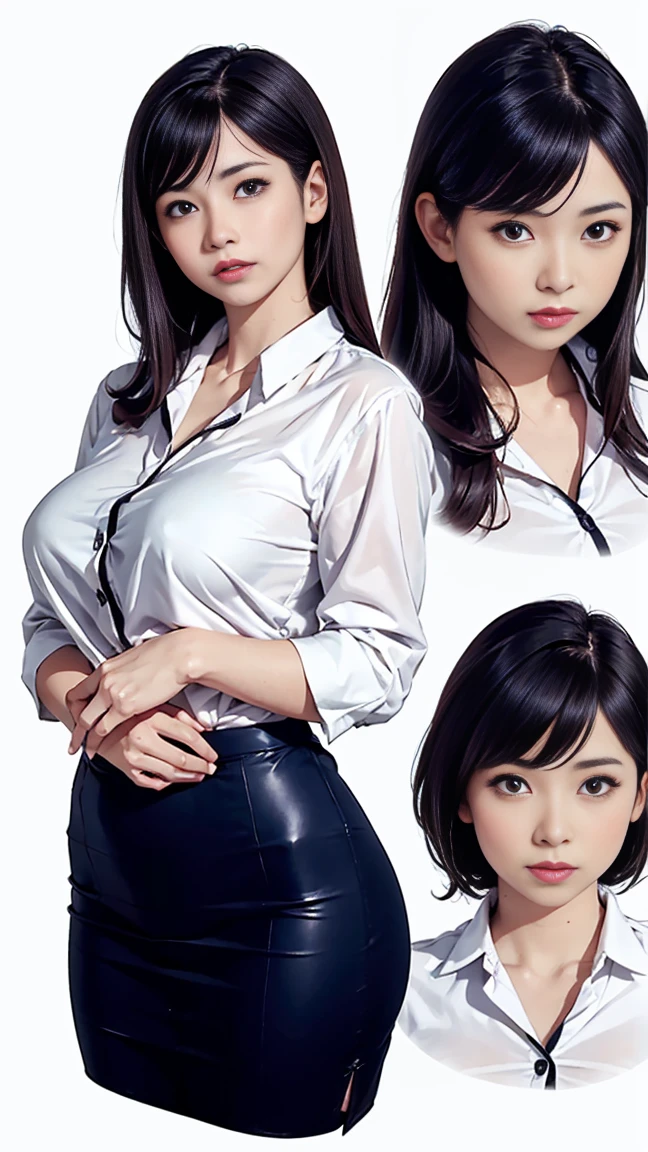 In the summer of Japan, (White blouse with transparent black underwear), (tight navy long skirt:1.3), Natural straight semi-long hair, (brown hair:1.6, Carelessly styled hairstyle), (Drooping eyes:1.5), break a masterpiece, highest quality,(realistic: 1.4),ultra high resolution, unity 8k, (beautiful and fine eyes:1.6),symmetry, highly detailed face, perfect lighting, (perfect hands, perfect anatomy),(white background:1.3), Beautiful curvaceous body shape, C-cup elastic breasts pointing upwards, slender waist, Big buttocks with taut