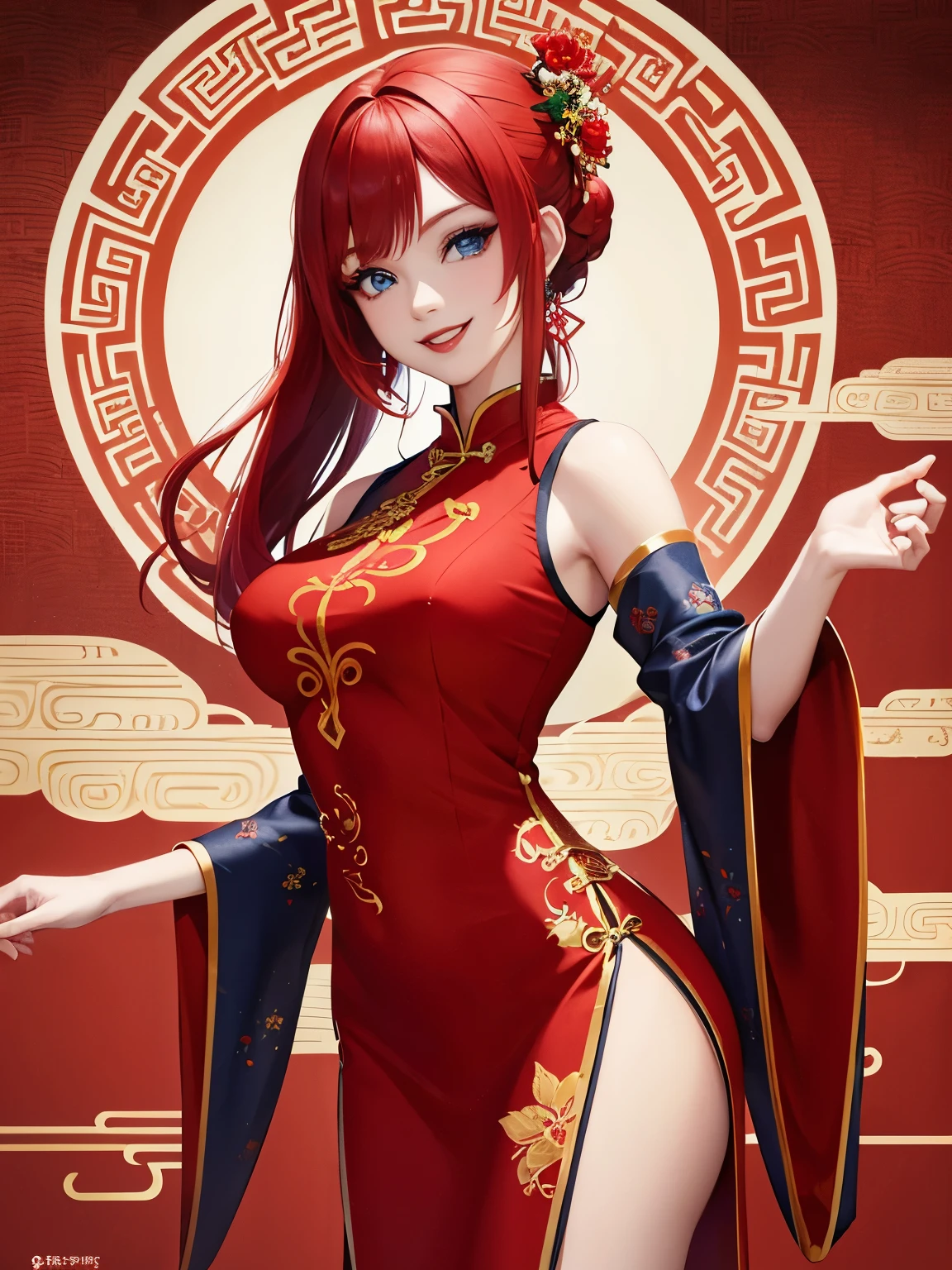 Woman with red hair, blue eyes, red lipstick, wearing a cheongsam, smiling, Chinese New Year background have a perfect face Up to 8k resolution, clear details A masterpiece is the ultimate art.