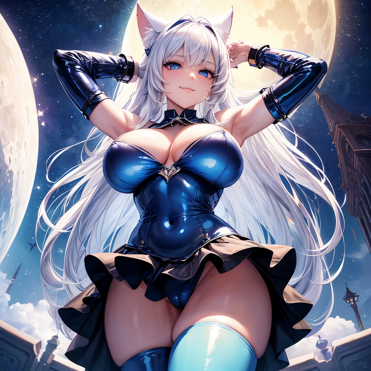 (Masterpiece), (best quality), 1girl, ((angle from below)), ((from below)), ((looking down)), smirk, long hair, white hair, cat ears, blue eyes, arms up, ((big breasts)), ((wide hips)), blue latex bunny suit, skirt, moon, stars
