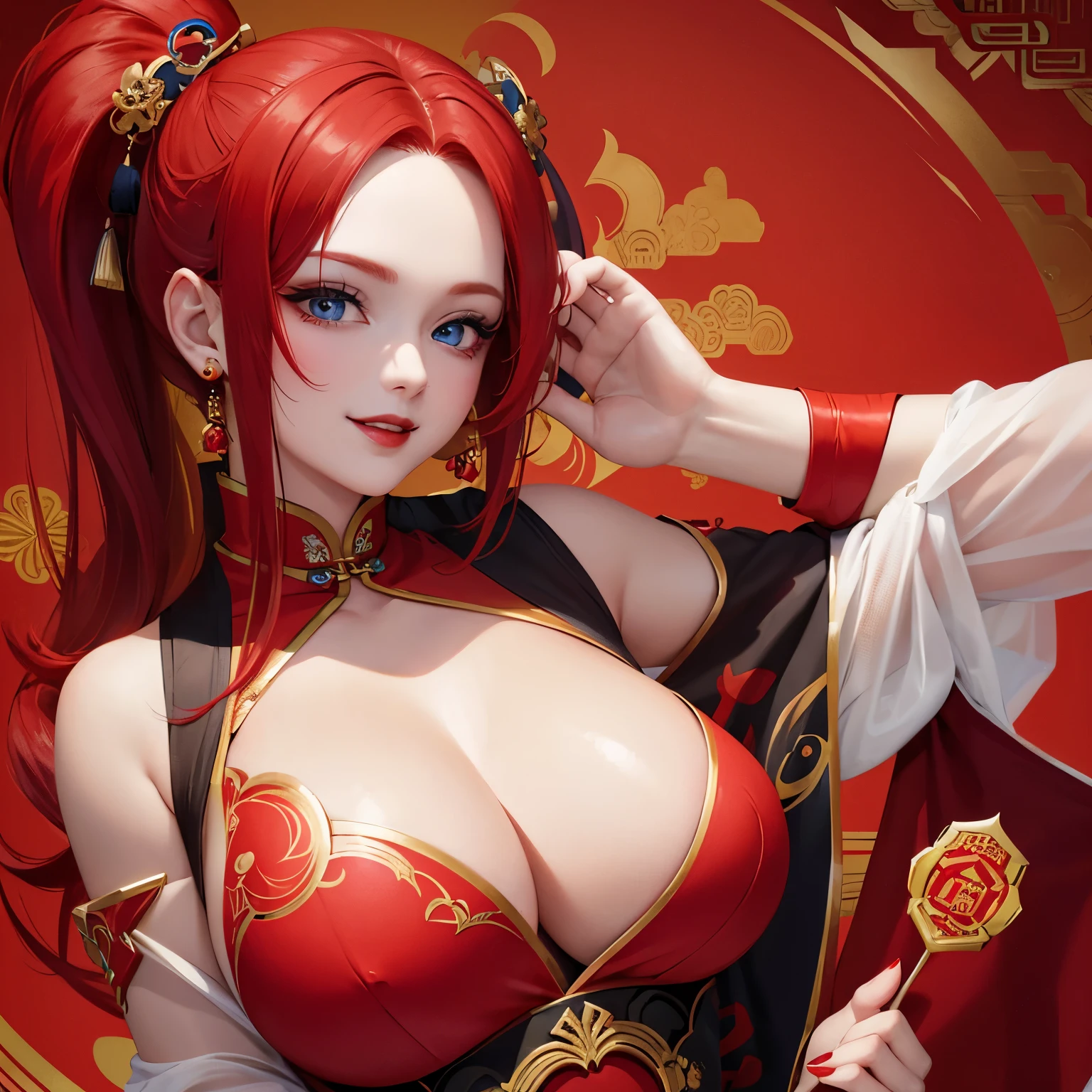 Woman with red hair, blue eyes, red lipstick, red nails, wearing a cheongsam, smiling, Chinese New Year background. have a perfect face Up to 8k resolution, clear details A masterpiece is the ultimate art.อ
