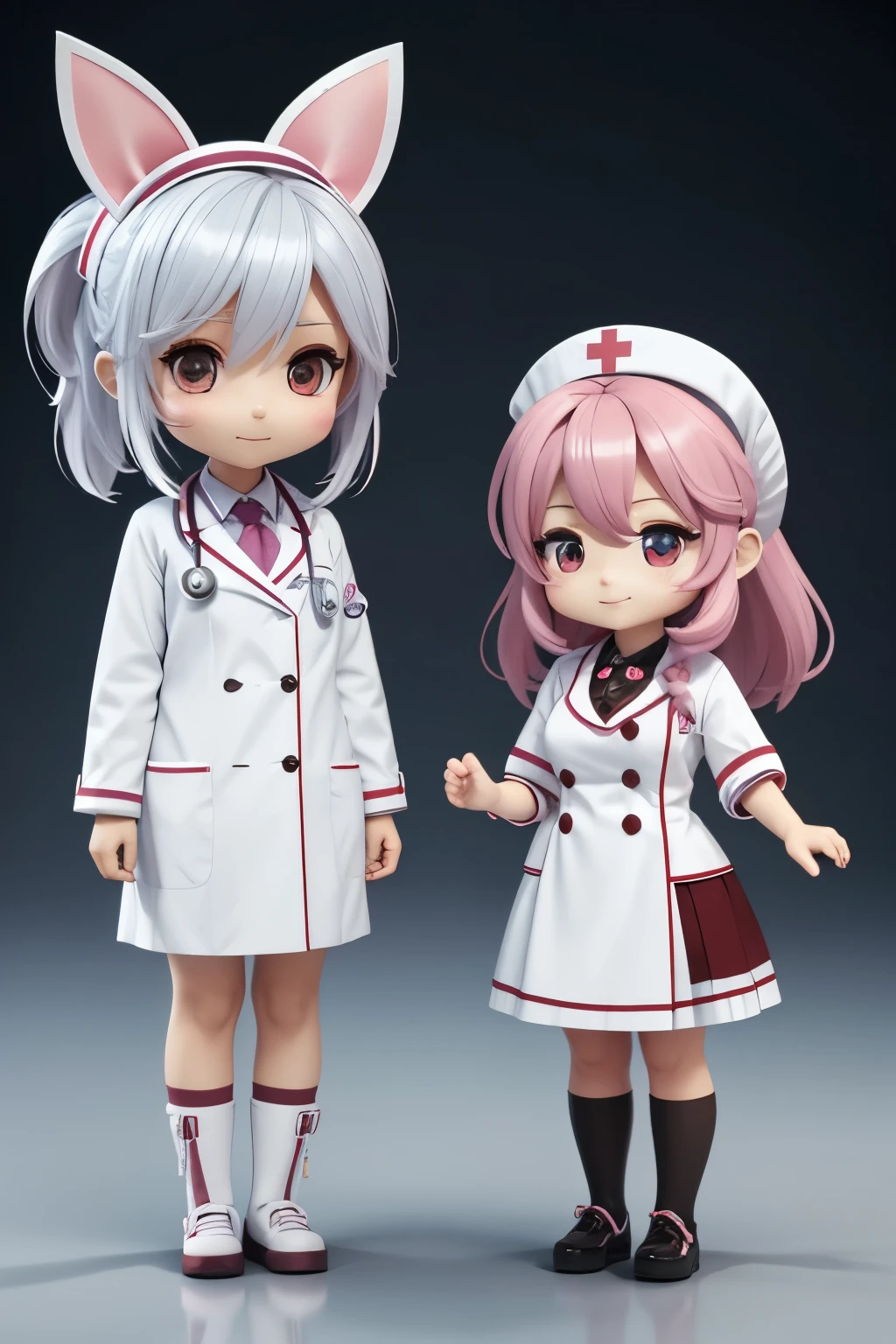 best quality, 3D, adorable and cute rabbit doctor and nurse fluffy chibi characters