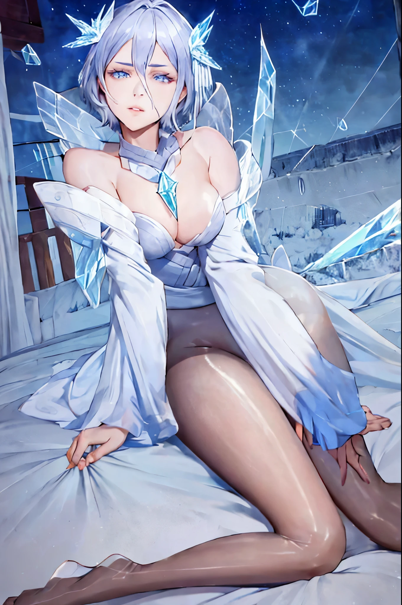 alone, short hair, hair accessories, hair between eyes, Detached sleeves, Ice pellets, detailed, intricate details, Action pose, looking at the audience, bed, Room, open lips, lying down, Crystal heels,looking at the audience,Sideways