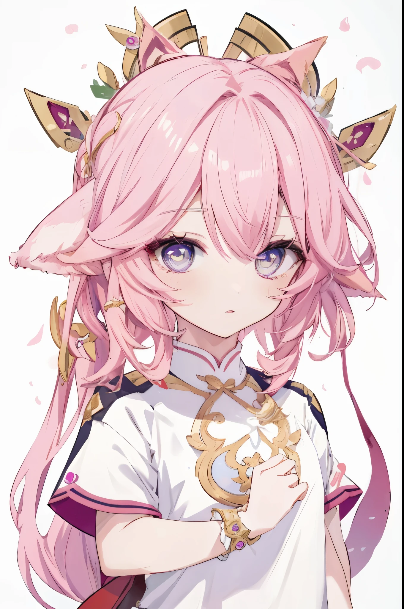 Cartoon girl with pink hair and white shirt, Anime cute art style, keqing from Genshin impact, Zodiac Girl Knight Portrait, ayaka Genshin impact, anime grandma, anime girl, Genshin, Hilabi, anime goddess, maintain posture, She has elven ears and golden eyes