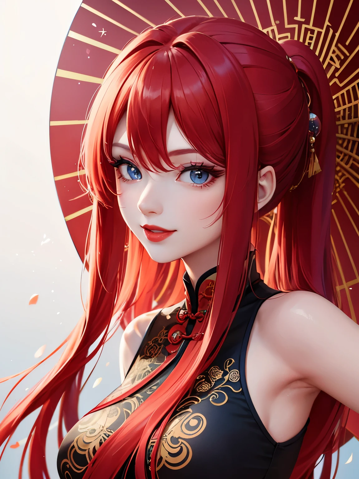 A woman with long red hair, blue eyes, and red lipstick. She had a perfect face wearing a cheongsam, smiling as a backdrop for the Chinese New Year. Fireworks and various Chinese festivals Maximum resolution 8K, sharp details A masterpiece is the ultimate art.