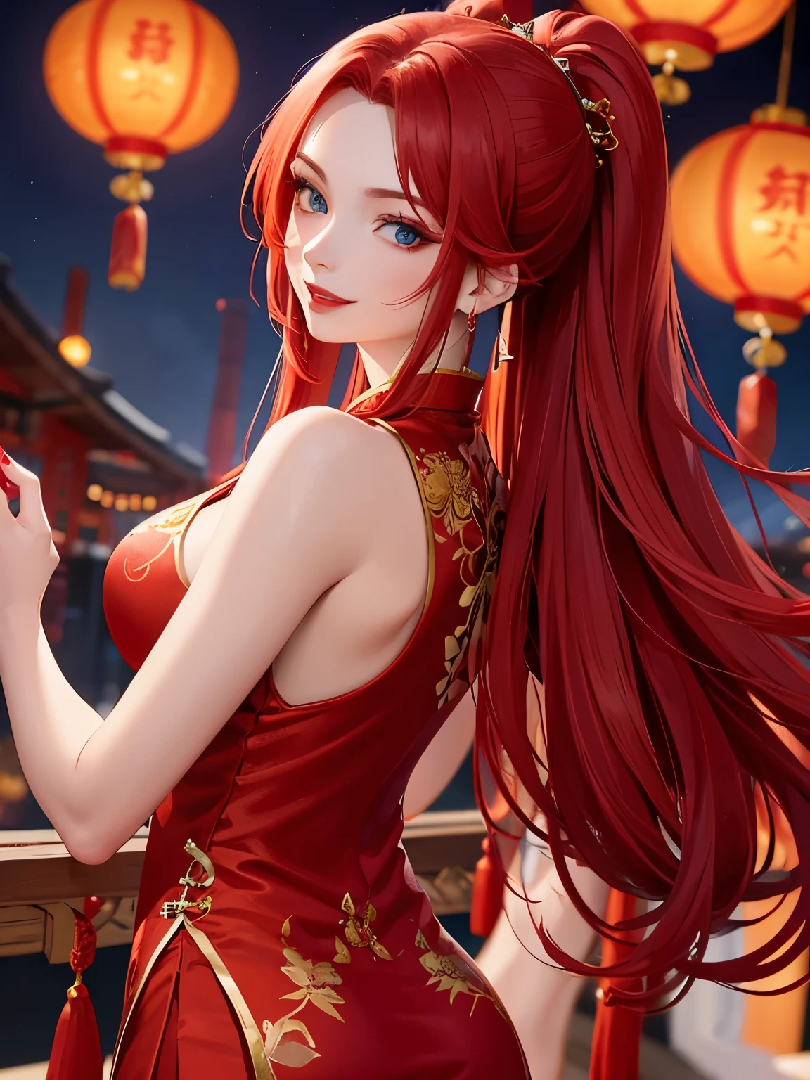 Woman with long red hair, blue eyes, red lipstick, red nail polish Wearing a cheongsam, smiling, posing beautifully, a Chinese New Year backdrop, Chinese lanterns, and a perfect face. Up to 8k resolution, clear details A masterpiece is the ultimate art.