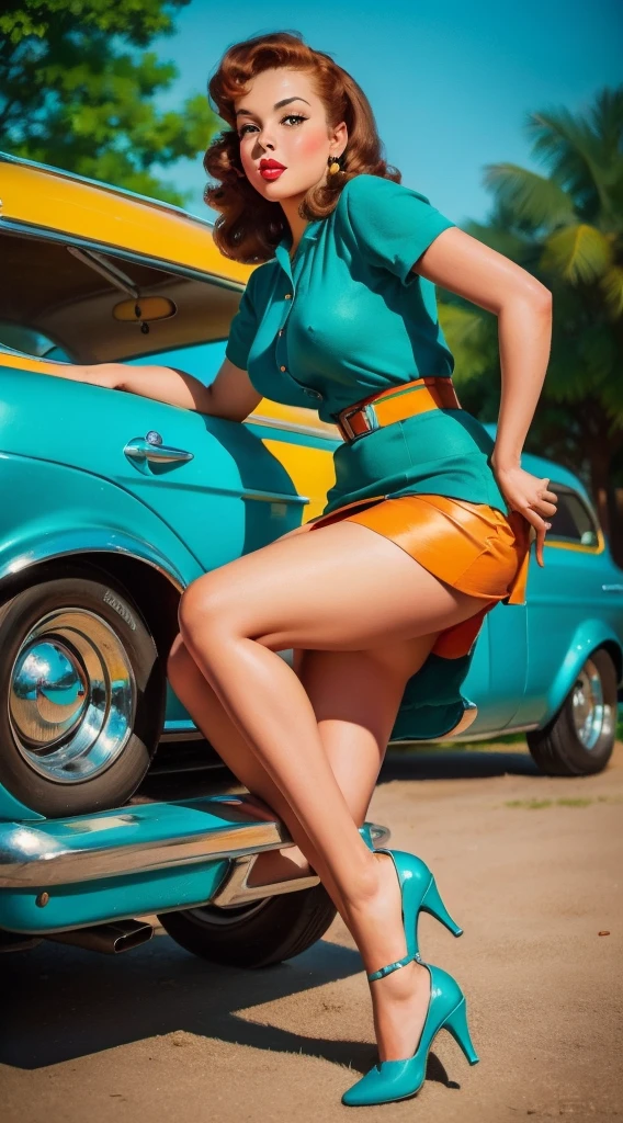 20 years old girl sitting on the ground sheet in front of a retro car, vintage, retro pin up style, sexy, detailed everything, surprised, mini tight skirt, flowing skirt, colorful , orange and teal color scheme, masterpieces art work, illustrated,