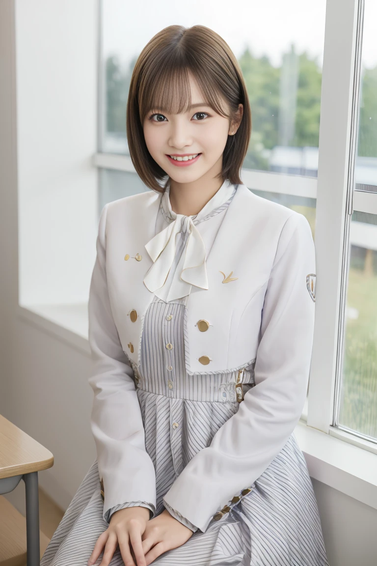masterpiece,(realistic), 8k wallpaper that integrates high-definition CG, (headquarters skin:1.2),8K UHD, Digital single-lens reflex camera, high quality, ((1 girl, 25 years old, dress, smile, Sitting near classroom window, medium short hair, indoor)), black eyes, beautiful and detailed eyes, (real skin), beautiful skin, Charm, 超High resolution, ultra-realistic,High resolution