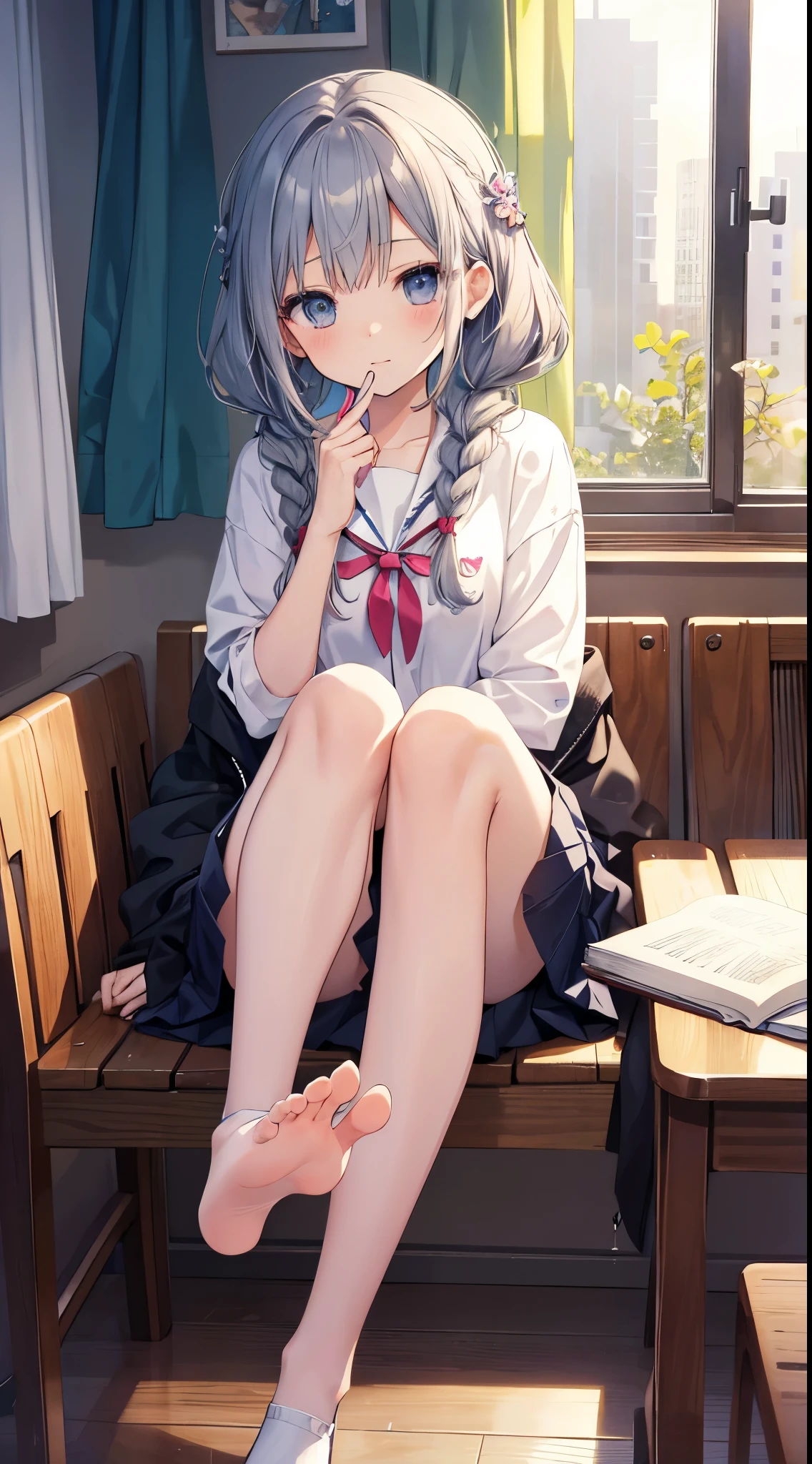 (best quality:1.3)、1 girl in、high school、mini skirt、table、Sit up、foot braids、Cute anime illustrations、