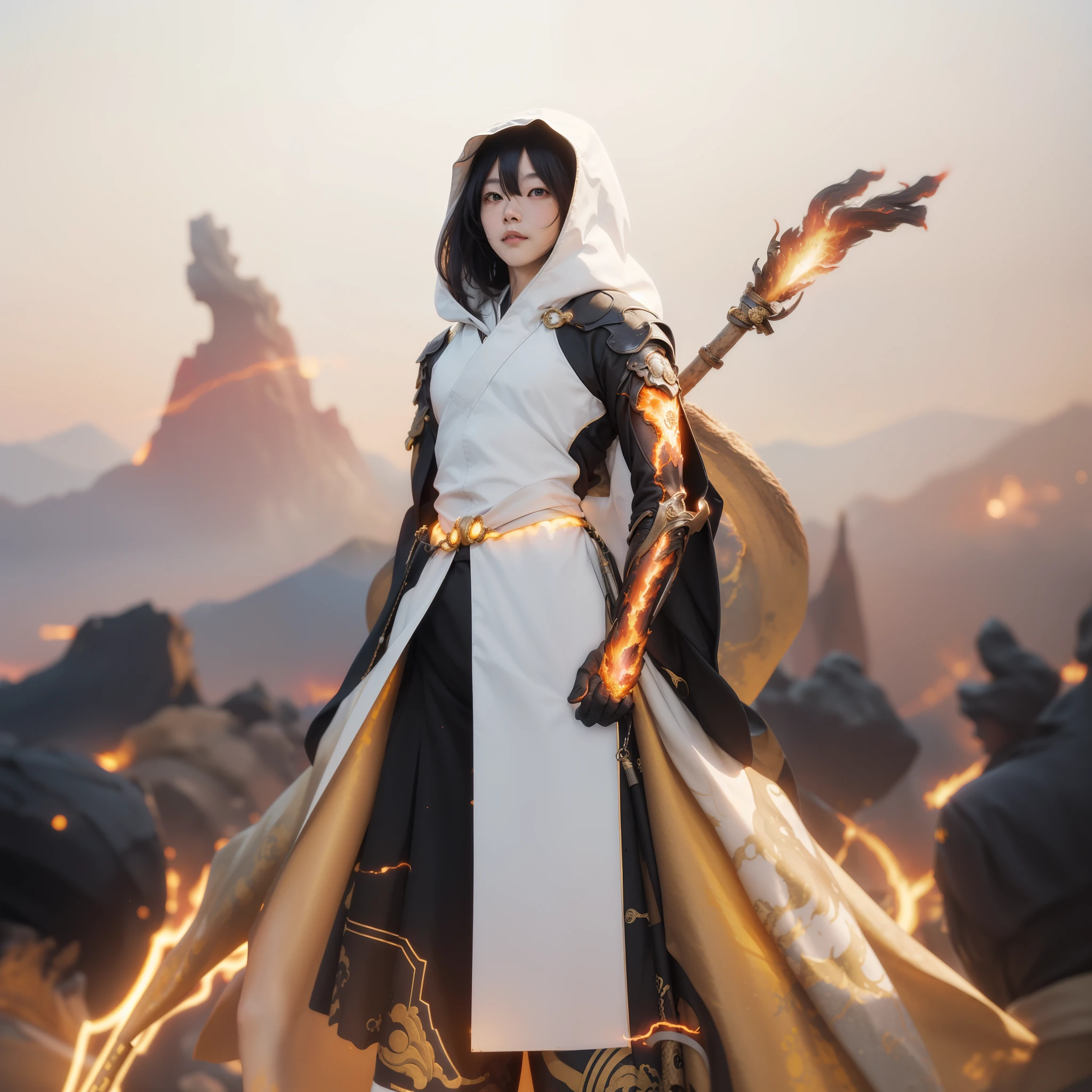 ((Zhongli morax_GENSHIN IMPACT)),((realistic, photorealistic)),(highlight hair)), Light reflection, (( HD )),((upper body)), (((best quality, masterpiece))), (masterpiece) (best quality) (detail) (8k) (HDR) (wallpaper) (cinematic lighting) (sharp focuasterpiece, best quality: 1.1), 1men solo, Zhongli, shadow, Particles light, background Background of sharp black clouds and mountains,back light,Zhongli Spear genshin impact,glow effect,Fire lava background, hooded head,Another world portal background
