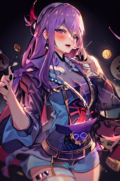 best quality, masterpiece, highres, solo, {qiqi_genshin:1.15}, purple_hair, bangs, hat, ofuda, qing_guanmao, hair_ornament, purple_eyes, jewelry, jiangshi, necklace, beads, bead_necklace, coin_hair_ornament, purple_headwear, long_hair, braid, hair_between_eyes, blush, 1girl, black_nails, dress, long_sleeves, looking_at_viewer, nail_polish, simple_background, upper_body, white_background, open_mouth, wide_sleeves