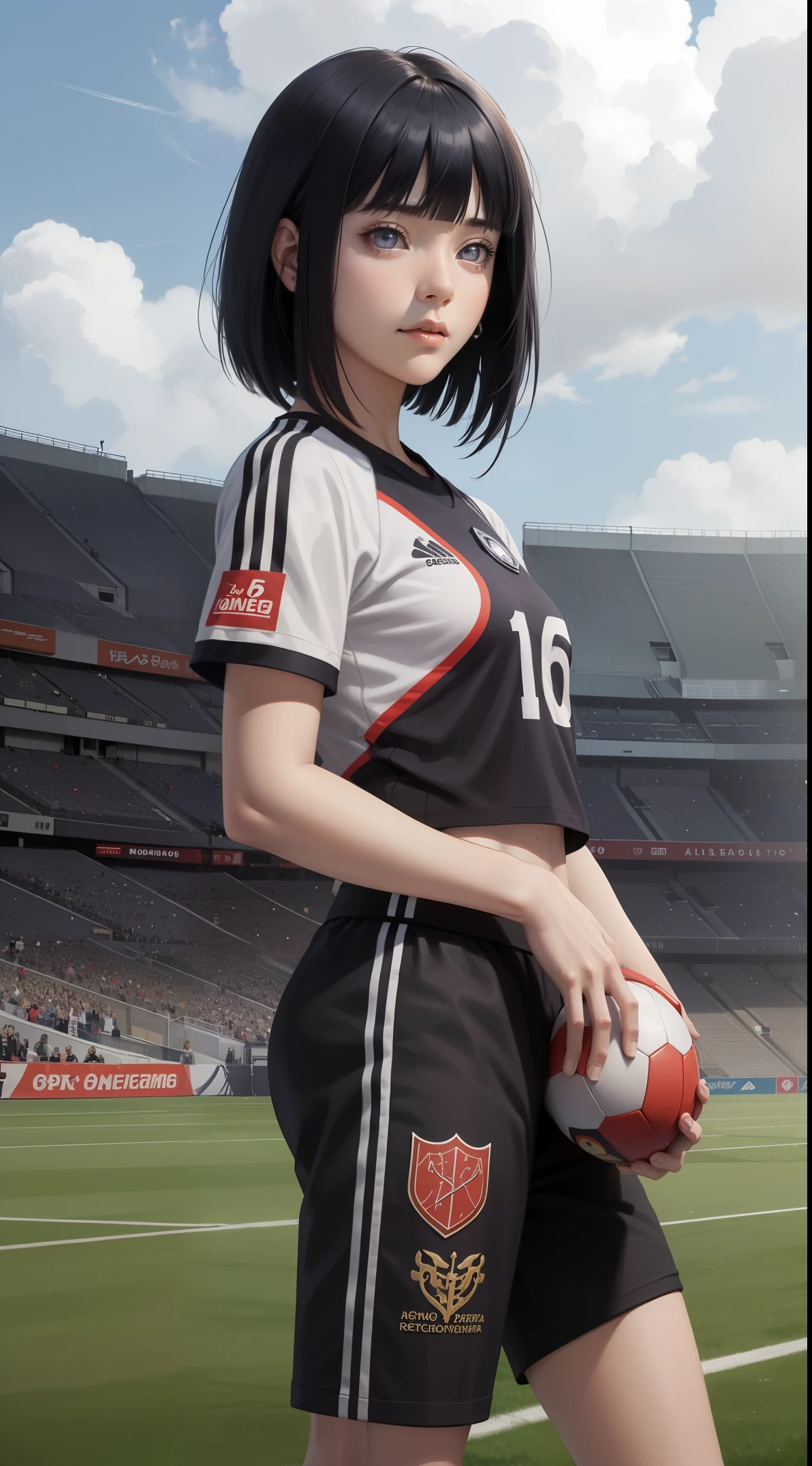 Hinata\(boruto\), Hinata from the anime naruto, ojos morados claros, cabello hasta los hombros, pelo negro, golpes, cola de caballo, hermoso woman, hermoso, Cuerpo perfecto, pechos perfectos, Wear a soccer jersey, Football pants, Soccer shoes, in the middle of a football field, mira a la audiencia, a small smile, realismo, obra maestra, piel texturizada, Super detailed, Alto detalle, alta calidad, Mejor calidad, 1080P, 16k