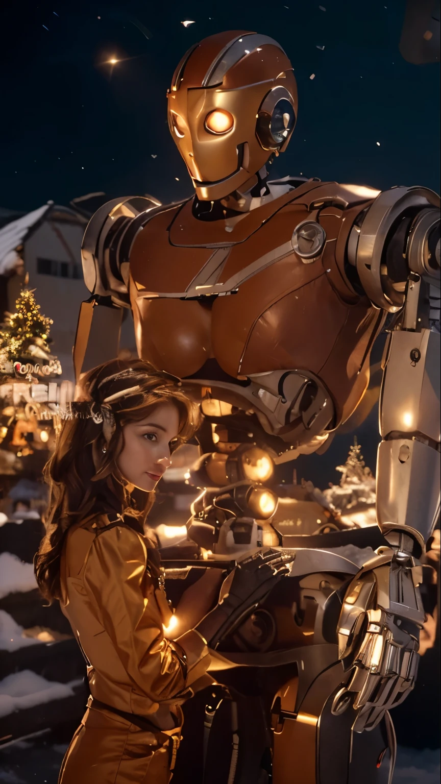 Full body shot, Dutch angle, of An ultra hot gorgeous European woman, age 23, light auburn hair. she's a playmate, men magazine model. She has a subtle smile and flirts with the camera, foreground a robot.
In a snowy village, winter landscape, starry night, northern lights.
She's bent over a robot she's repairing. Her breasts are almost completely exposed, peeking out of her overalls. Perfect anatomy, Perfect eyes, perfect hands, perfect body, perfect hair, perfect breast, accurate, UHD, retina, masterpiece, anatomically correct, textured skin, super detail, high details, high quality, award winning, best quality, highres, 16k, 8k