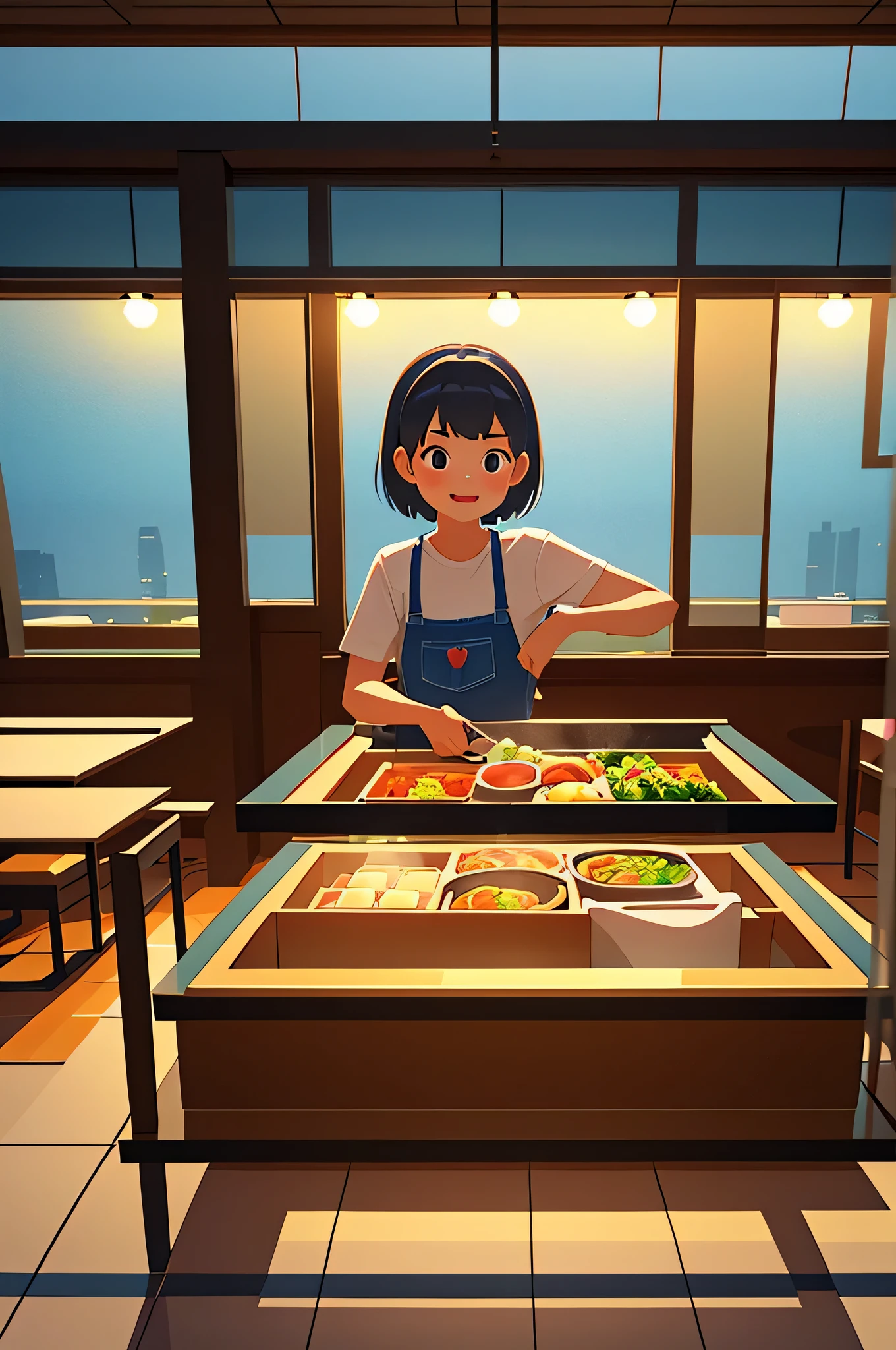 masterpiece，best quality，Hot pot restaurant scene，10 year old cute little girl，Girl eating hot pot，casual wear，Pixar，（Next generation 3D models），（three dimensional）cartoon，High gloss greasy