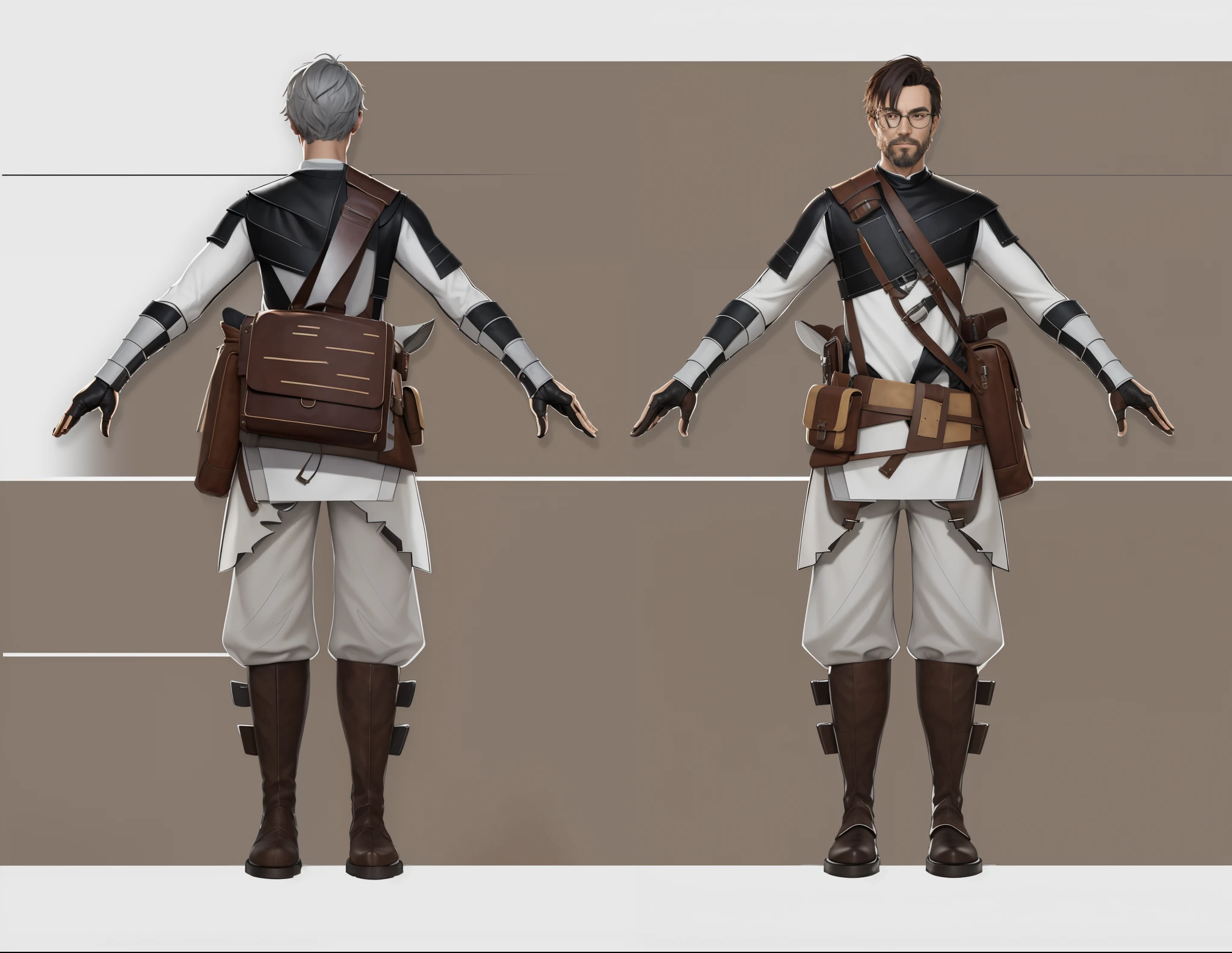 (masterpiece:1.1),(highest quality:1.1),(HDR:1),a close up of a man with a medieval fantasy bag and a backpack, full body character concept, full body concept, detailed full body concept art, concept shirt, detailed full body concept, full body concept art, philosopher medieval style character, game character design, concept character, full body character concept art, 3 d character reference sheet, male, video game character concept, detailed character design, character sheet, character model sheet turnaround , front and back, front and back, medieval philosopher wearing black and white shirt with leather bag full of paper, white and black costume, ( red pants ), philosopher glasses, ( brown leather boots ), waist leather bag, Shoulder Armor with Moonlit Edges, grey clean background