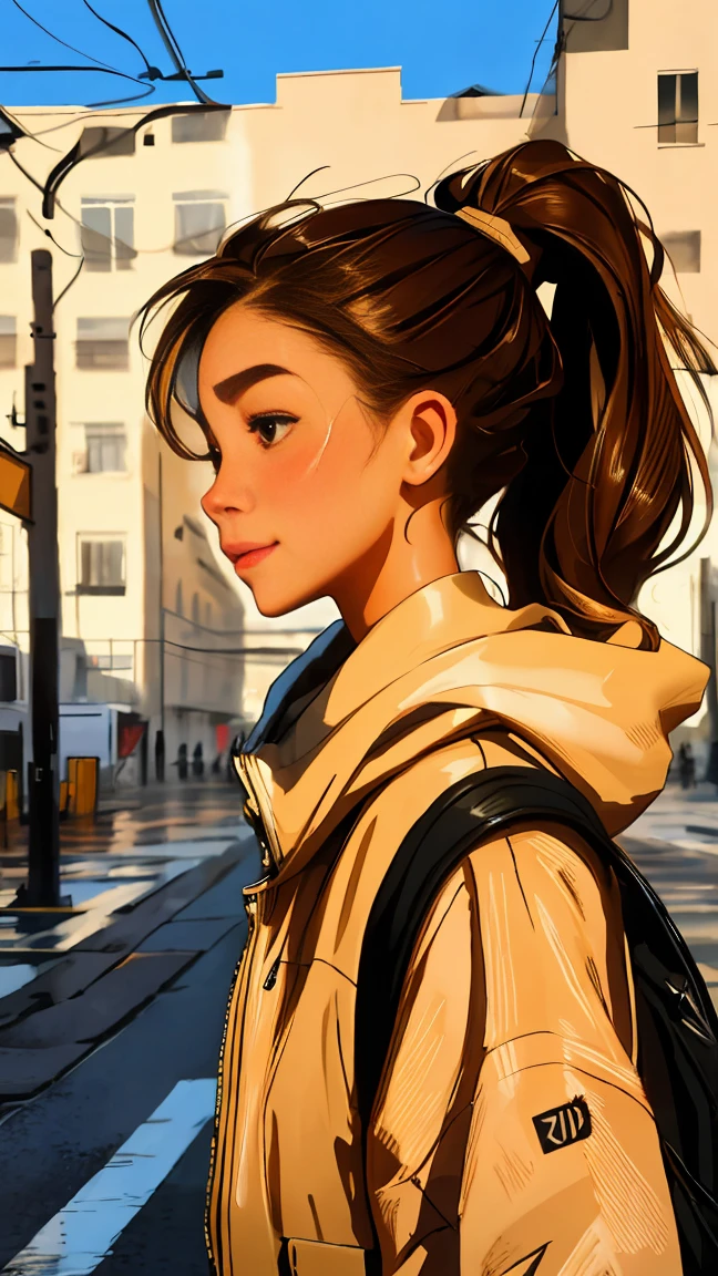 fashion style, masterpiece, best quality, 8 thousand, artstation, sharp focus, (surreal:1.5), (high details:1.4), raw photo of a young woman, street smiling, brown hair,rucksack, ponytail, withered, Complex things around us, complicated background, soggy, (cinematic:1.4),