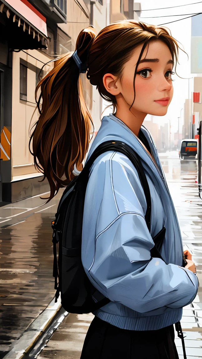 fashion style, masterpiece, best quality, 8 thousand, artstation, sharp focus, (surreal:1.5), (high details:1.4), raw photo of a young woman, street smiling, brown hair,rucksack, ponytail, withered, Complex things around us, complicated background, soggy, (cinematic:1.4),