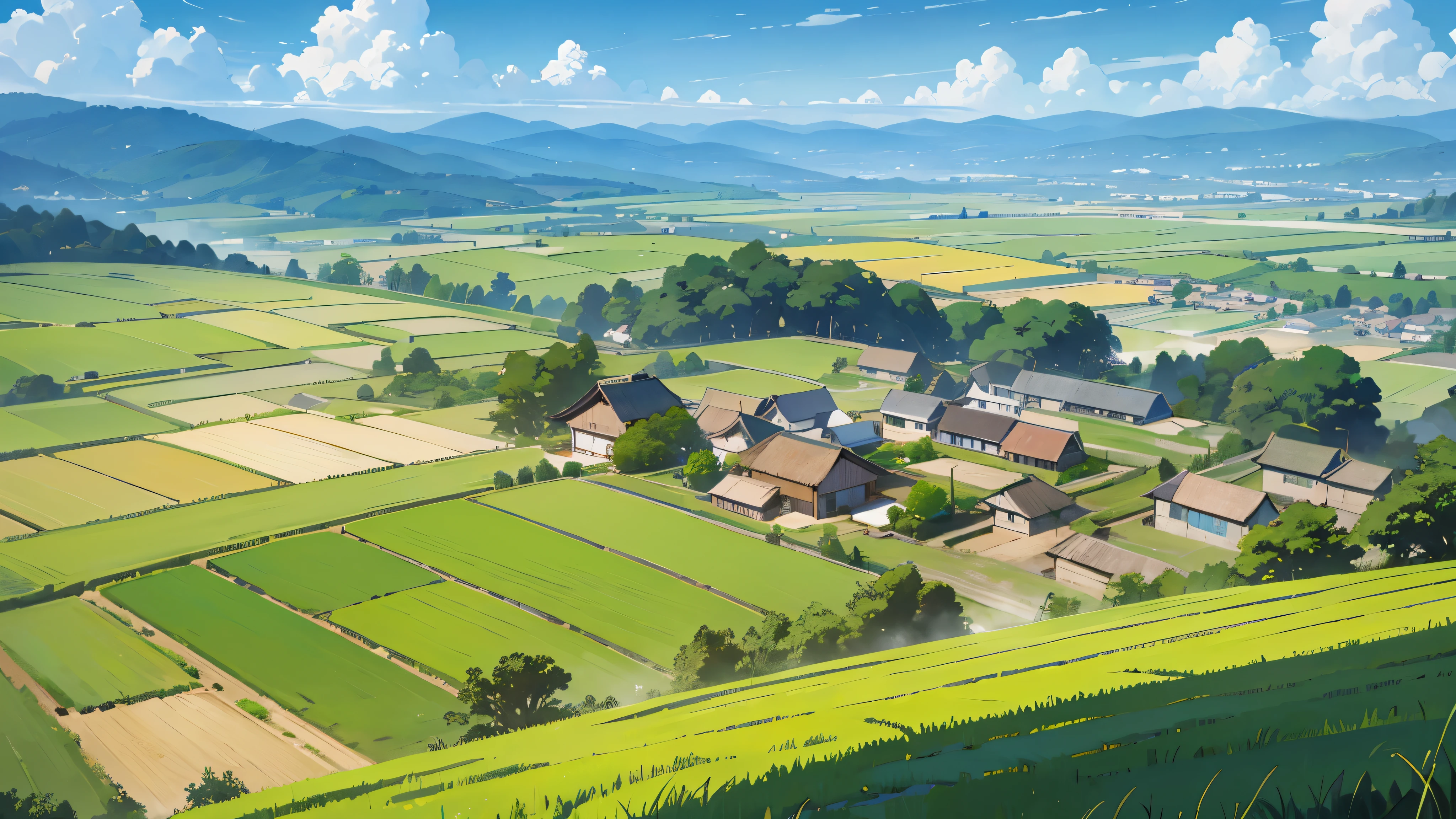 blue sky, countryside scenery, a village in the valley, a lot of wooden houses, rice field, green mountain, daytime, landscape