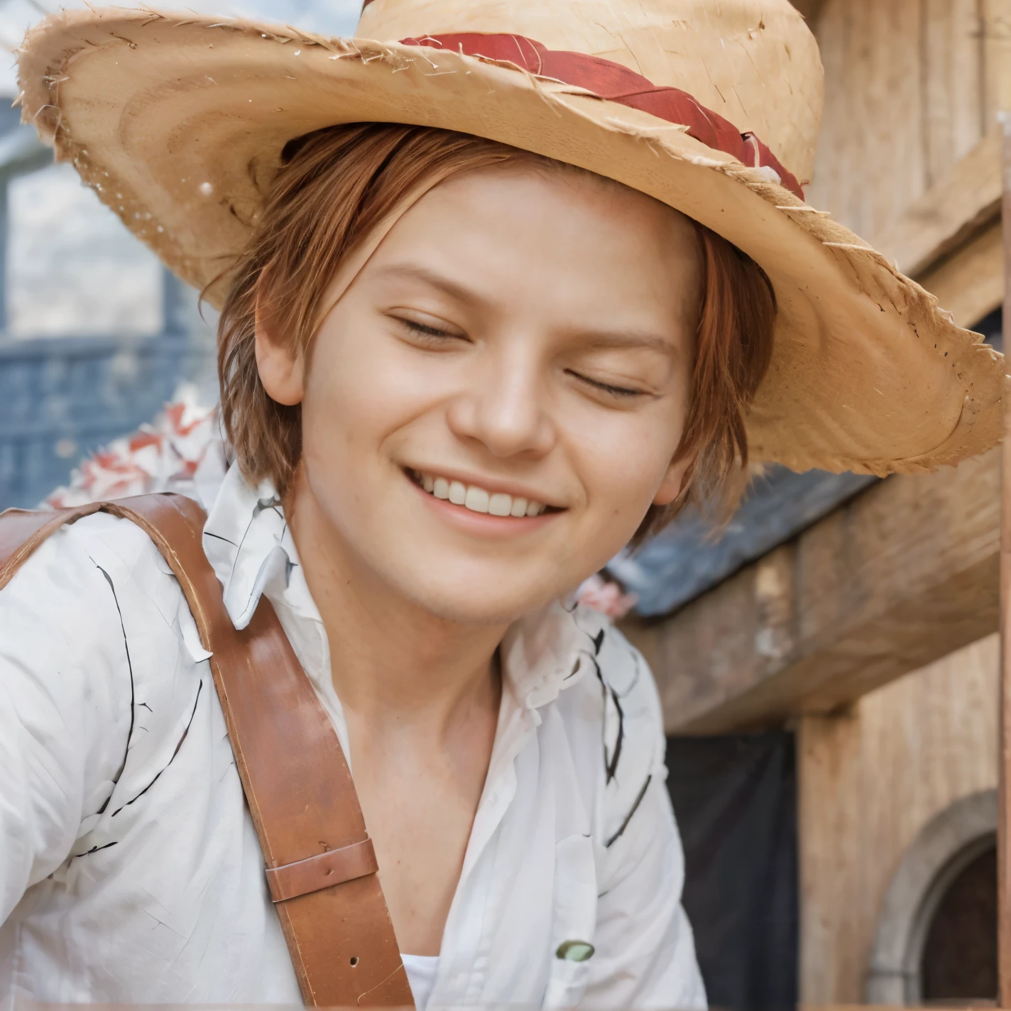 (masterpiece), (realistic), (ultra detailed), ( high reest quality), (photorealistic), (perfect face), (perfect anatomy), ???, male, solo, ameican, (((9 years old))), shanks from one piece, shanks, red hair, part of the character's hair to the front, wears white clothes, wearing a straw hat, there is a leather belt on the character's right shoulder, the character laughs broadly, his teeth are visible, the character's eyes are closed, Behind the character there is a large wooden house, the character is standing in the middle of people's houses