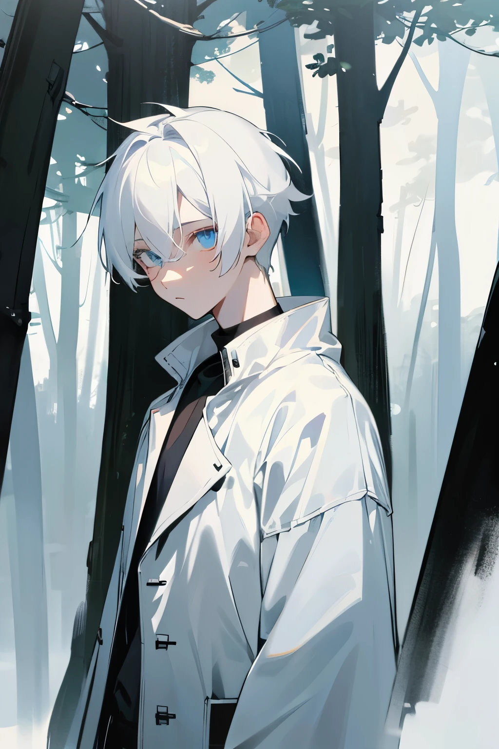 mirror eyes, white hair, white jacket, black shirt, ager boy, forest background, clear eyes,