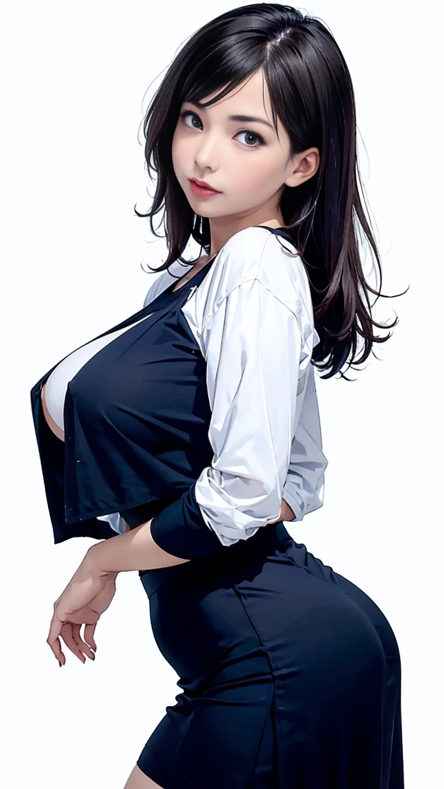 In the summer of Japan, (White blouse with transparent black underwear), (tight navy long skirt:1.3), Natural straight semi-long hair, (brown hair:1.6, Carelessly styled hairstyle), ((The corners of the eyes are drooping:1.5)), break a masterpiece, highest quality,(realistic: 1.4),ultra high resolution, unity 8k, (beautiful and fine eyes:1.6),symmetry, highly detailed face, perfect lighting, (perfect hands, perfect anatomy),(white background:1.3), Beautiful curvaceous body shape, C-cup elastic breasts pointing upwards, slender waist, Big buttocks with taut