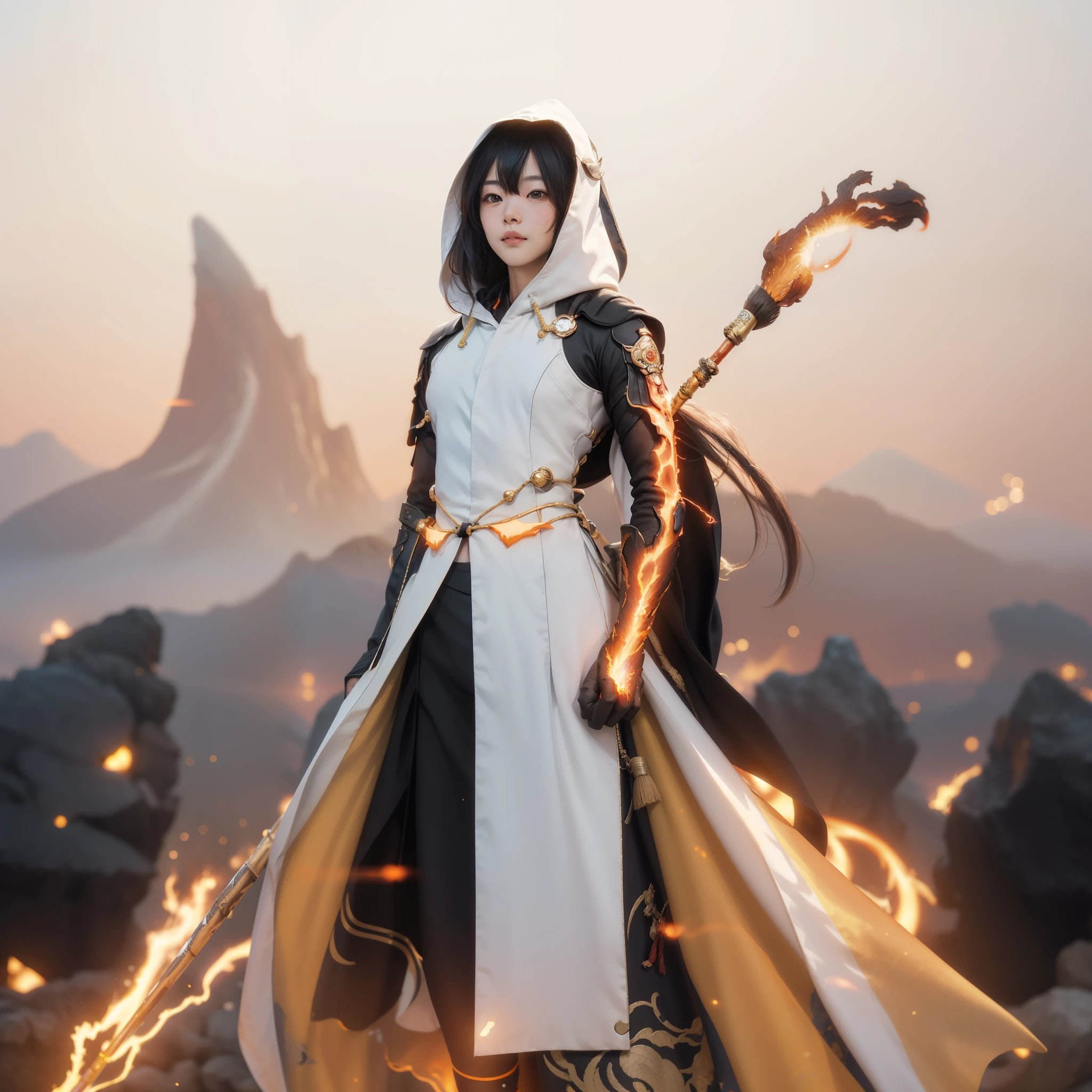 ((Zhongli morax_GENSHIN IMPACT)),((realistic, photorealistic)),(highlight hair)), Light reflection, (( HD )),((upper body)), (((best quality, masterpiece))), (masterpiece) (best quality) (detail) (8k) (HDR) (wallpaper) (cinematic lighting) (sharp focuasterpiece, best quality: 1.1), 1men solo, Zhongli, shadow, Particles light, background Background of sharp black clouds and mountains,back light,Zhongli Spear genshin impact,glow effect,Fire lava background, hooded head,Another world portal background