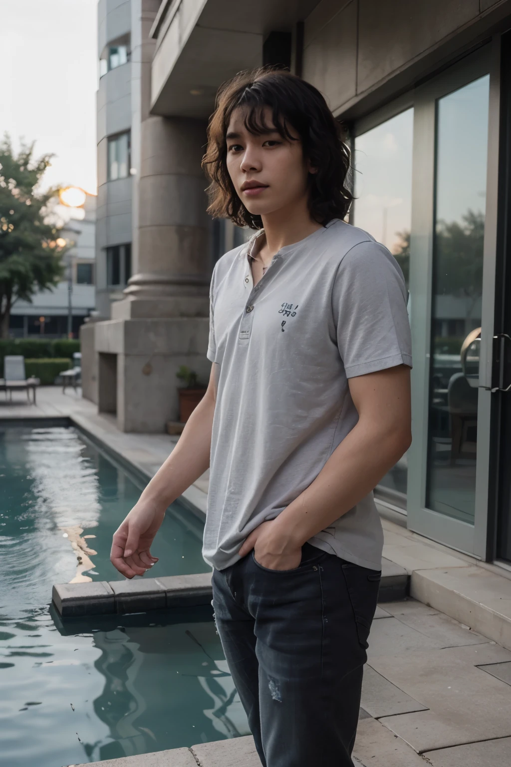 ((best quality)), ((masterpiece)), (detailed), perfect face, Korean young man, Perm hair, Wearing a gray shirt with henley neck type gray buttons., black denim jeans, standing holding coffee, sunlight, In front of the fountain, morning, full body shot, Low Angle