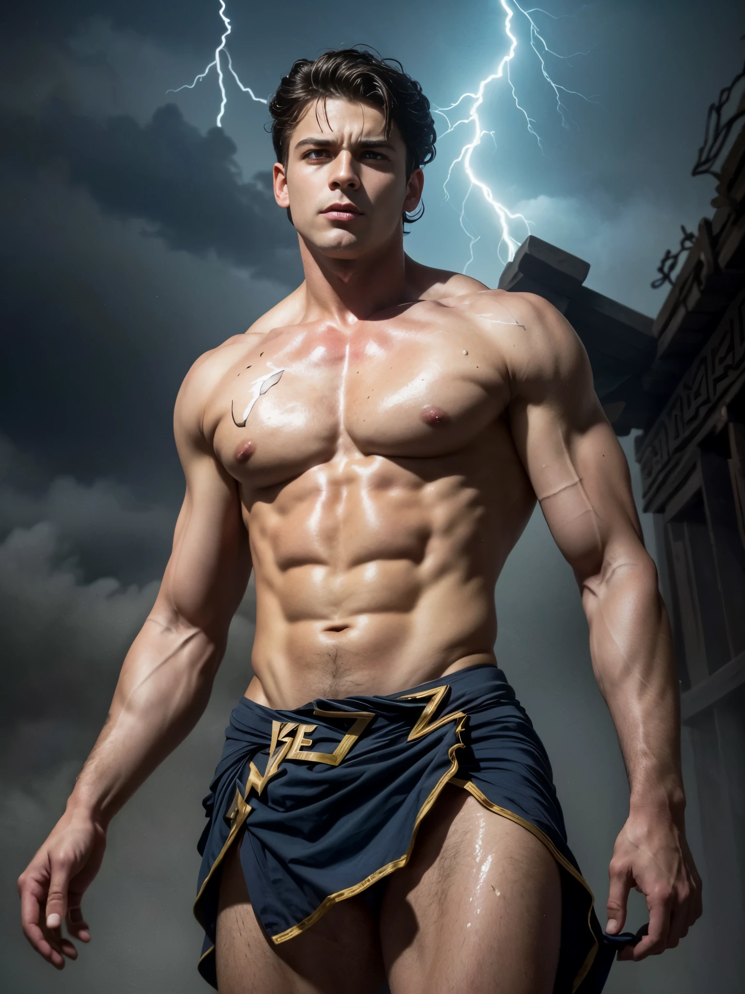 ((masterpiece)),((best quality)),8k, high detailed, ultra-detailed, Stylish Pose, real skin texture, dark cinematic lighting, 24 year-old Italian male model, handsome italian, cute looking, divine look, powerful light blue eyes, (Zeus god:1.6), god of thunder, Jupiter, godly, , bending electricity, displaying the ability to manipulate lightning, creating massive lightning, (shaved face:1.6)white pale skin, roman god physic, intense blue eyes, dry hair dry short brown messy hair, strong jawline, masculine, muscular, defined fit body, hairless chest, shirtless, pantless, open sea, sinister aesthetic, black storm clouds, arm bracelet, lightning, clouds, thunder, walking towards the camera, (isolated:1.4), in the middle of nowhere, (tule fog:1.4), (in the middlea thick fog:1.3), night dark storm, barelegged, barechest, barefoot, antique linen spartan loincloth , white linen antique draped cloth skirt, golden chain in roman skirt,,,, dim light, dark atmosphere, cinematic lighting, Depth of field, award-winning photography, elegant, hyperrealistic, octane render, unreal, high definition, 8k resolution, highly detailed, 8k uhd, professional lighting, photon mapping, radiosity, physically-based rendering
