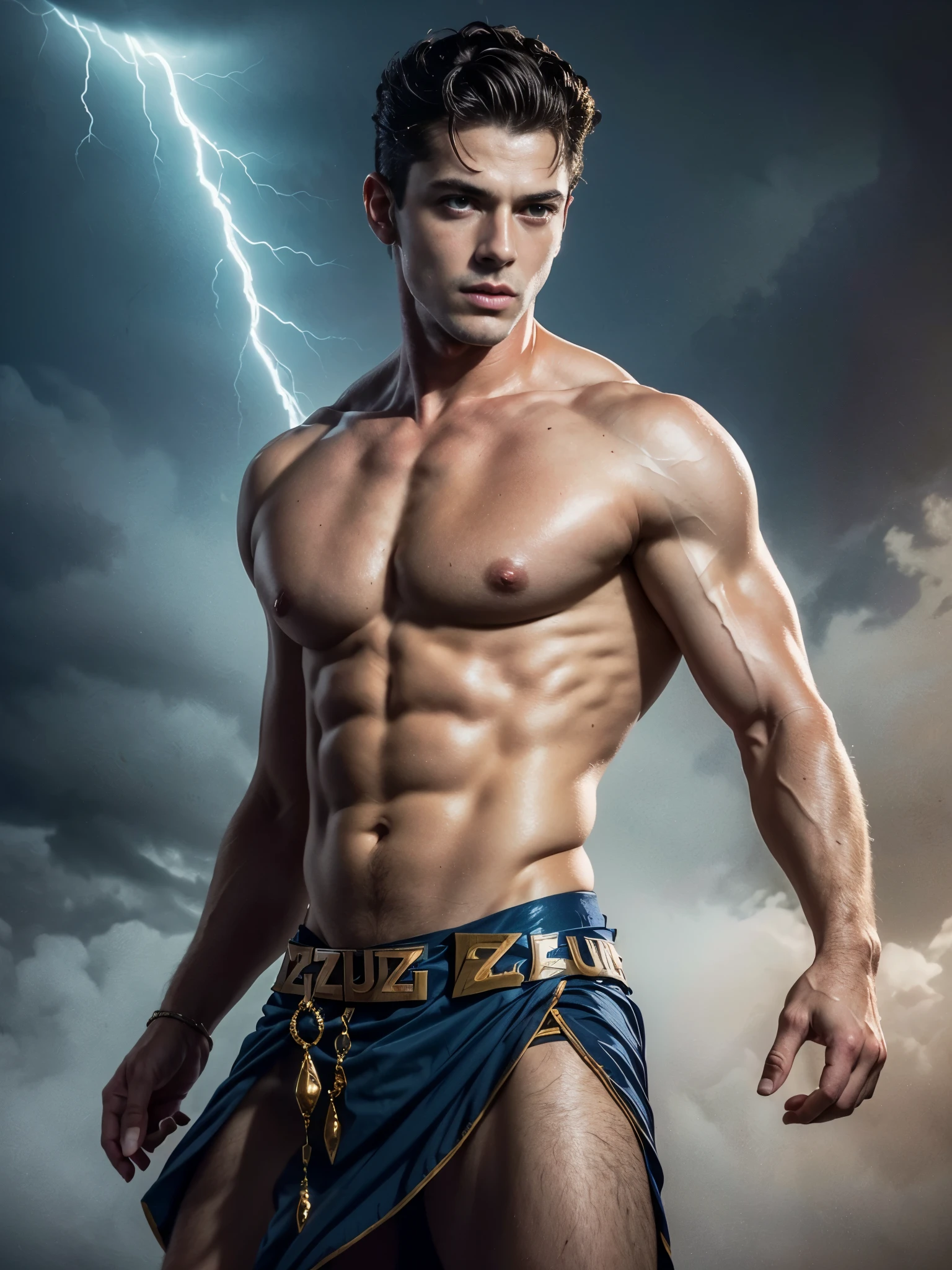 ((masterpiece)),((best quality)),8k, high detailed, ultra-detailed, Stylish Pose, real skin texture, dark cinematic lighting, 24 year-old Italian male model, handsome italian, cute looking, divine look, powerful light blue eyes, (Zeus god:1.6), god of thunder, Jupiter, godly, , bending electricity, displaying the ability to manipulate lightning, creating massive lightning, (shaved face:1.6)white pale skin, roman god physic, intense blue eyes, dry hair dry short brown messy hair, strong jawline, masculine, muscular, defined fit body, hairless chest, shirtless, pantless, open sea, sinister aesthetic, black storm clouds, arm bracelet, lightning, clouds, thunder, walking towards the camera, (isolated:1.4), in the middle of nowhere, (tule fog:1.4), (in the middlea thick fog:1.3), night dark storm, barelegged, barechest, barefoot, antique linen spartan loincloth , white linen antique draped cloth skirt, golden chain in roman skirt,,,, dim light, dark atmosphere, cinematic lighting, Depth of field, award-winning photography, elegant, hyperrealistic, octane render, unreal, high definition, 8k resolution, highly detailed, 8k uhd, professional lighting, photon mapping, radiosity, physically-based rendering