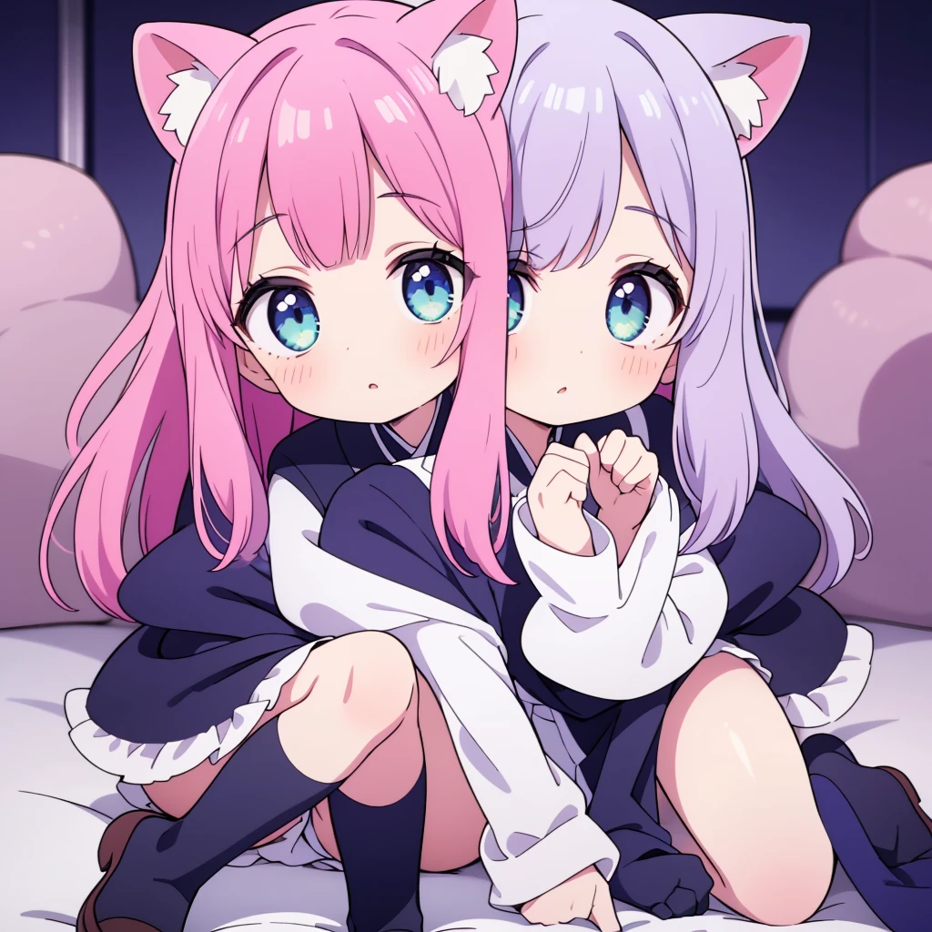 ((Masterpiece, best quality, high quality, very detailed CG uniform 8k wallpaper, very detailed, very detailed background)), detailed eyes, shiny hair, shiny skin, bright skin, ((NSFW)), ((1girl)), (Vtuber, gamers , cat ear headphones, long pink hair, twin tails, pink hair, hoodies), neon light, bedroom, (((having sex, doggy-style, being fucked from behind by a man))), (was lying on her stomach hugging a pillow, ahegao, blush, open mouth, blank stare, tongue, breath, cloud of heart), pov from the front, looking at viewer, face,