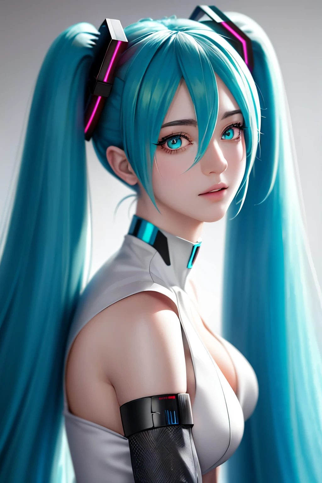 Anime, Girl, (((1girl))), (((Waifu, VOCALOID, Miku Hatsune Waifu))), ç(((Long Hair, Twintails Hair))), ((Cyan Eyes eyes:1.3, Upturned Eyes: 1, Perfect Eyes, Beautiful Detailed Eyes, Gradient eyes: 1, Finely Detailed Beautiful Eyes: 1, Symmetrical Eyes: 1, Big Highlight On Eyes: 1.2)), (Detailed Body, (Detailed Face)), Face Close-up, Facing Front, Facing Camera, Young, (Best Quality), Shirt, Loose Skirt, Modest Clothing, Skin Covered, High Resolution, Sharp Focus, Ultra Detailed, Extremely Detailed, Extremely High Quality Artwork, (Realistic, Photorealistic: 1.37), 8k_Wallpaper, (Extremely Detailed CG 8k), (Very Fine 8K CG), ((Hyper Super Ultra Detailed Perfect Piece)), (((Flawlessmasterpiece))), Illustration, Vibrant Colors, (Intricate), High Contrast, Selective Lighting, Double Exposure, HDR (High Dynamic Range), Post-processing, Background Blur, Inky Shadows, Darker Shadows, Thick Shadows, High Quality Shadows, high detail, realistic, Cinematic Light, sidelighting, Lens Flare, Ray tracing, sharp focus,