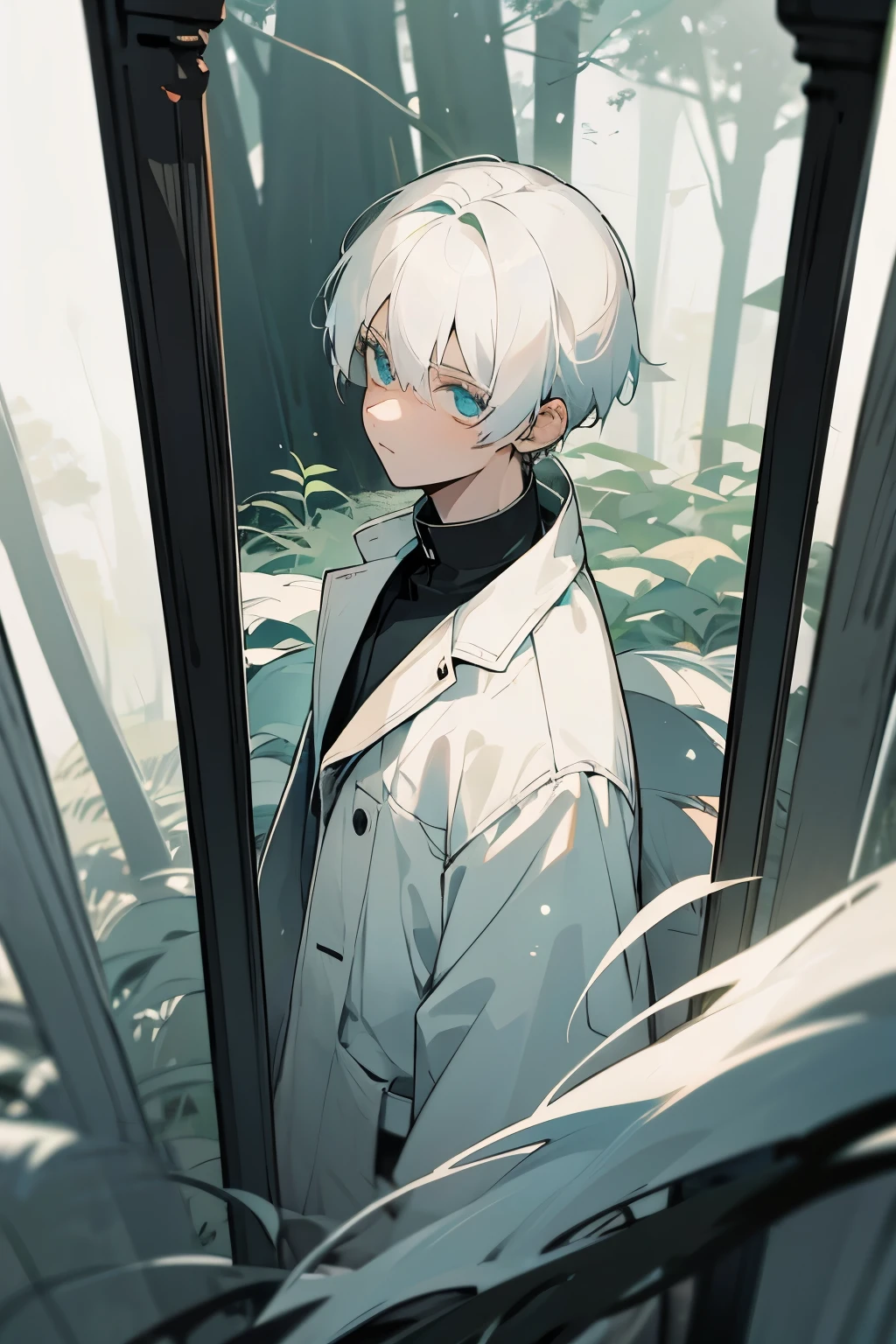 mirror eyes, white hair, white jacket, black shirt, ager boy, forest background, clear eyes, 