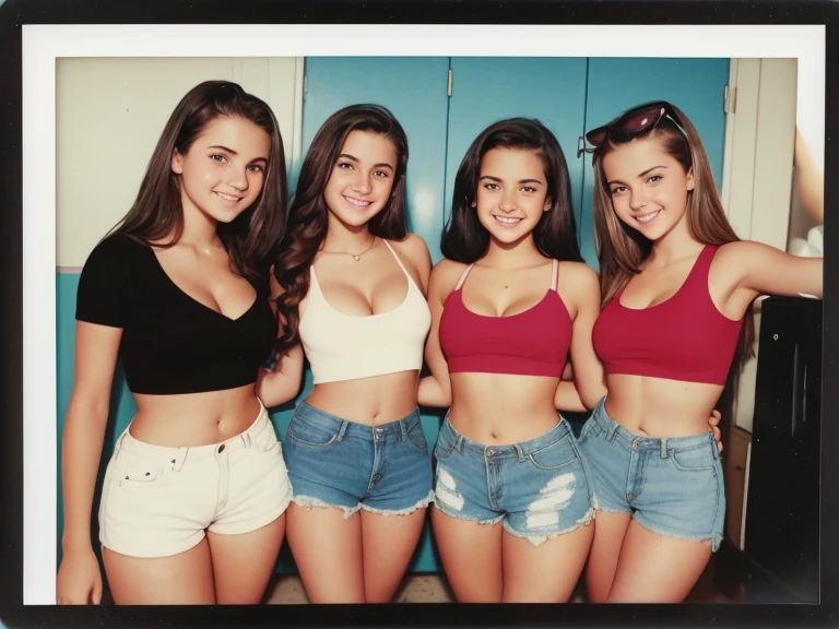 A picture of an old polaroid taken on an old camera of 6 hot sweet cute young sweet European high school girl best friends having a fun sexy high schoo party wearing cute hot crop tops and shorts ,brookemonk, avagrace, showing off their curves and smiling, sexy, beautiful girl, innocent, cleavage, low cut tops